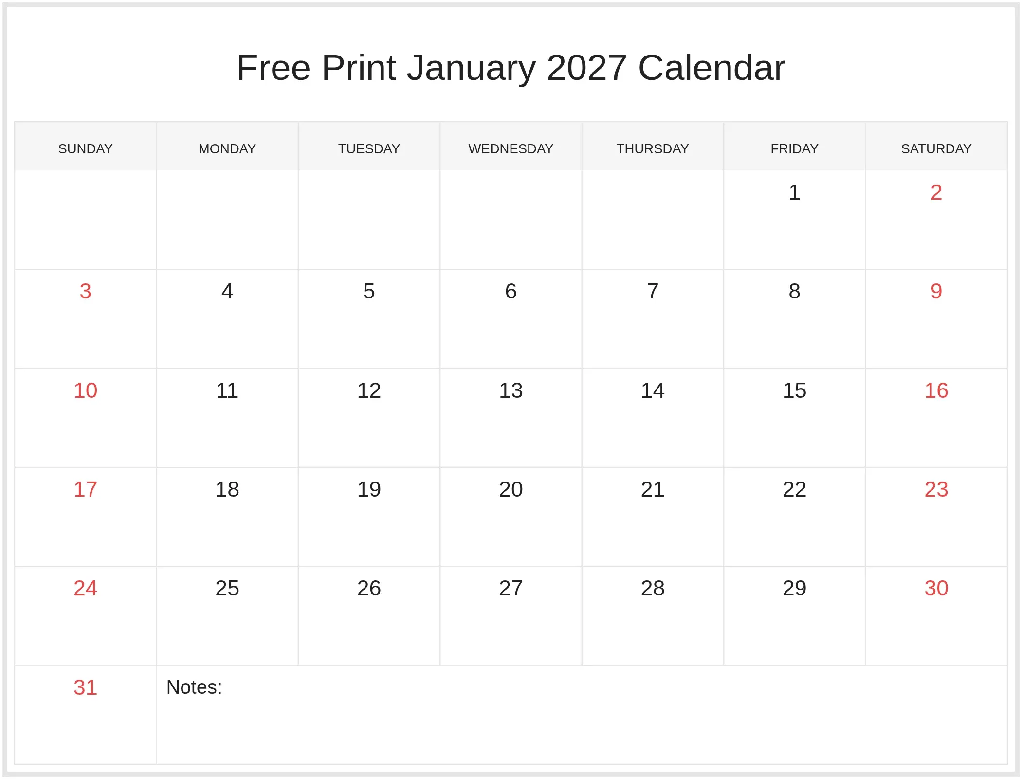 Free Print January 2027 Calendar with Notes Bottom Landscape Free Print January 2027 Calendar with Notes Bottom Landscape