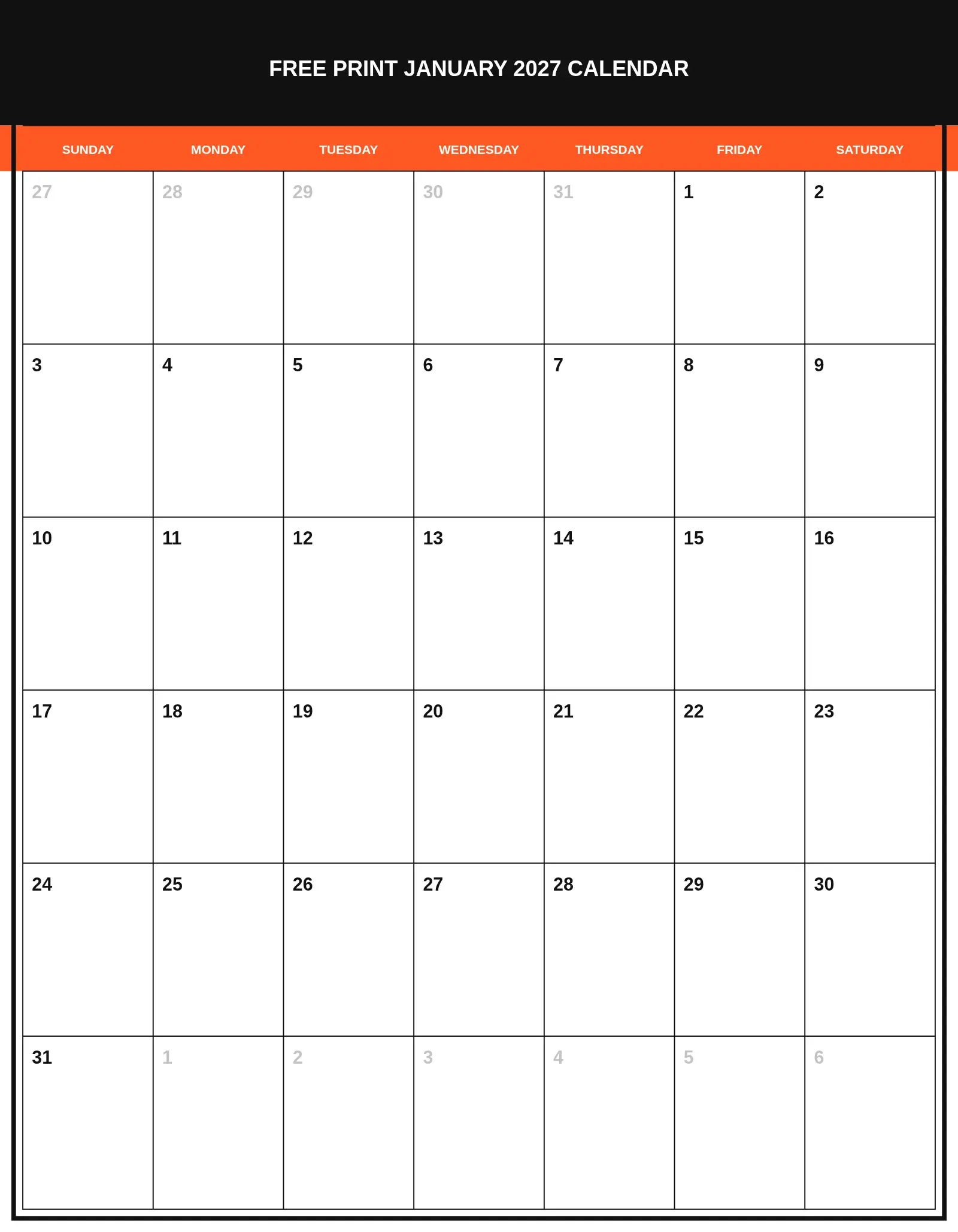 Free Print January 2027 Calendar With Portrait Template Free Print January 2027 Calendar With Portrait Template