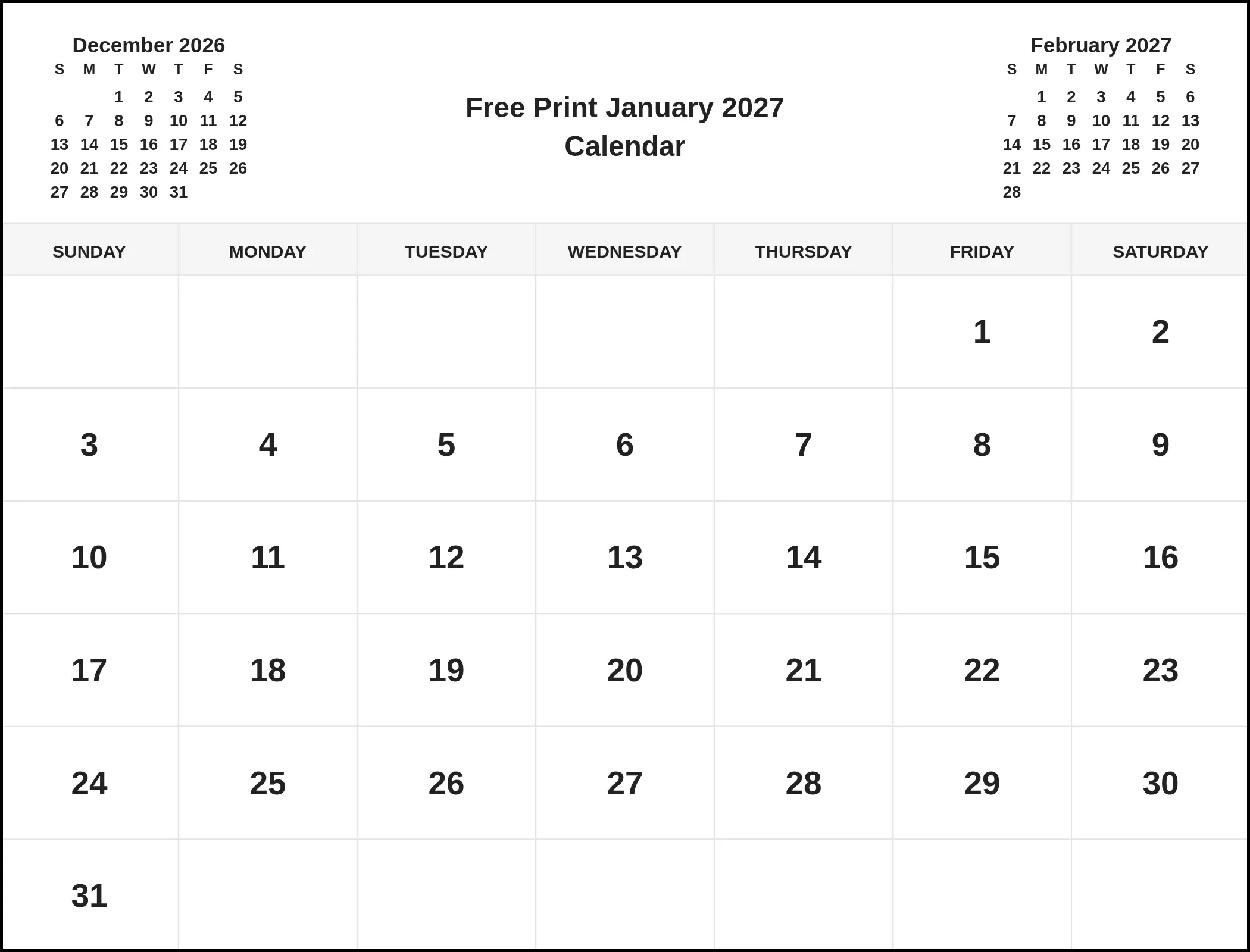 Free Print January 2027 Calendar With Three Month View Free Print January 2027 Calendar With Three Month View