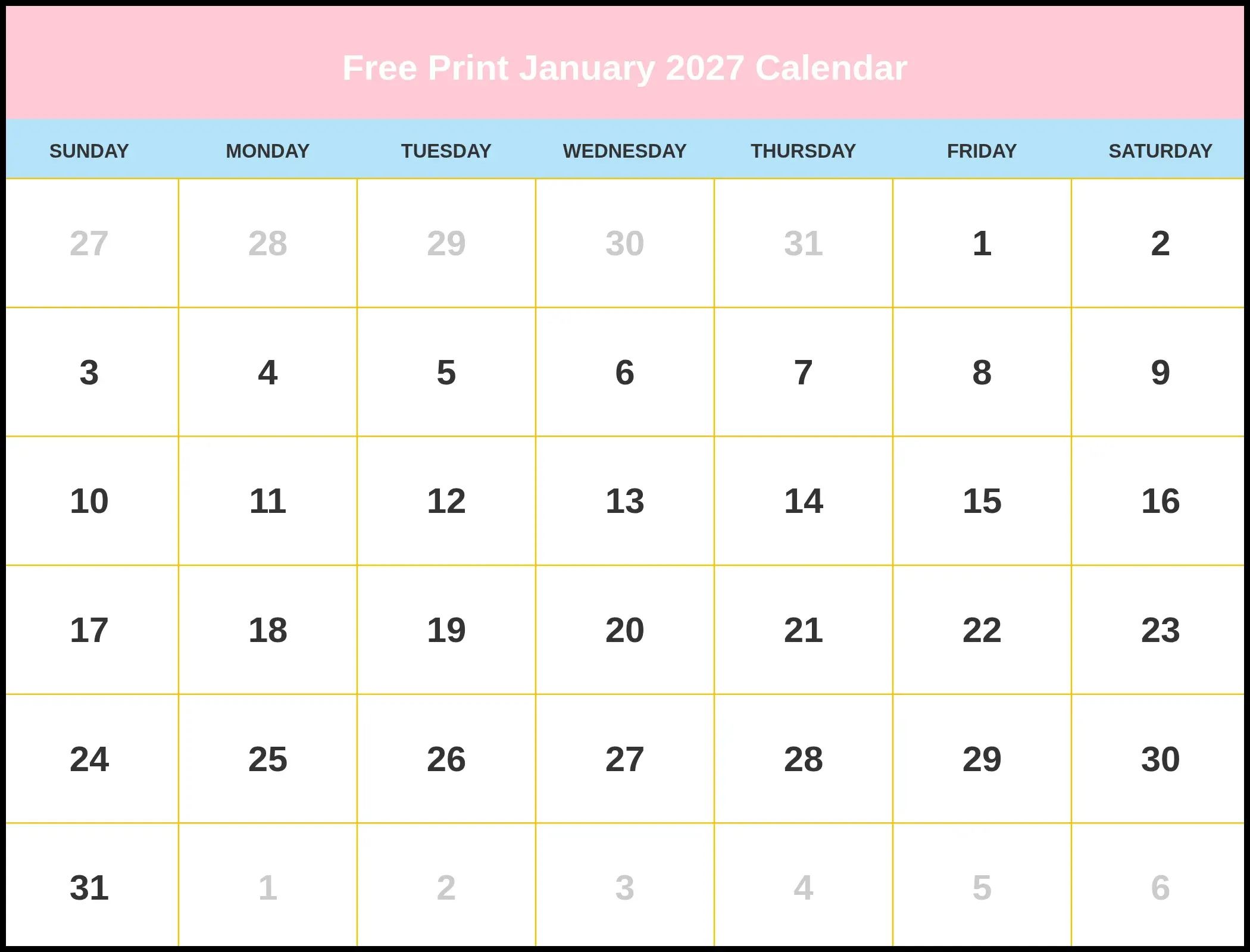 Free Print January 2027 Calendar Free Print January 2027 Calendar