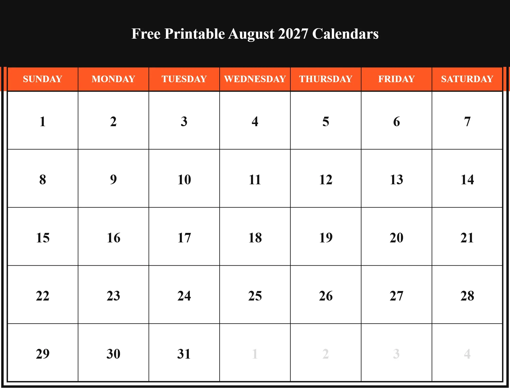 Free Printable August 2027 Calendars Download Landscape