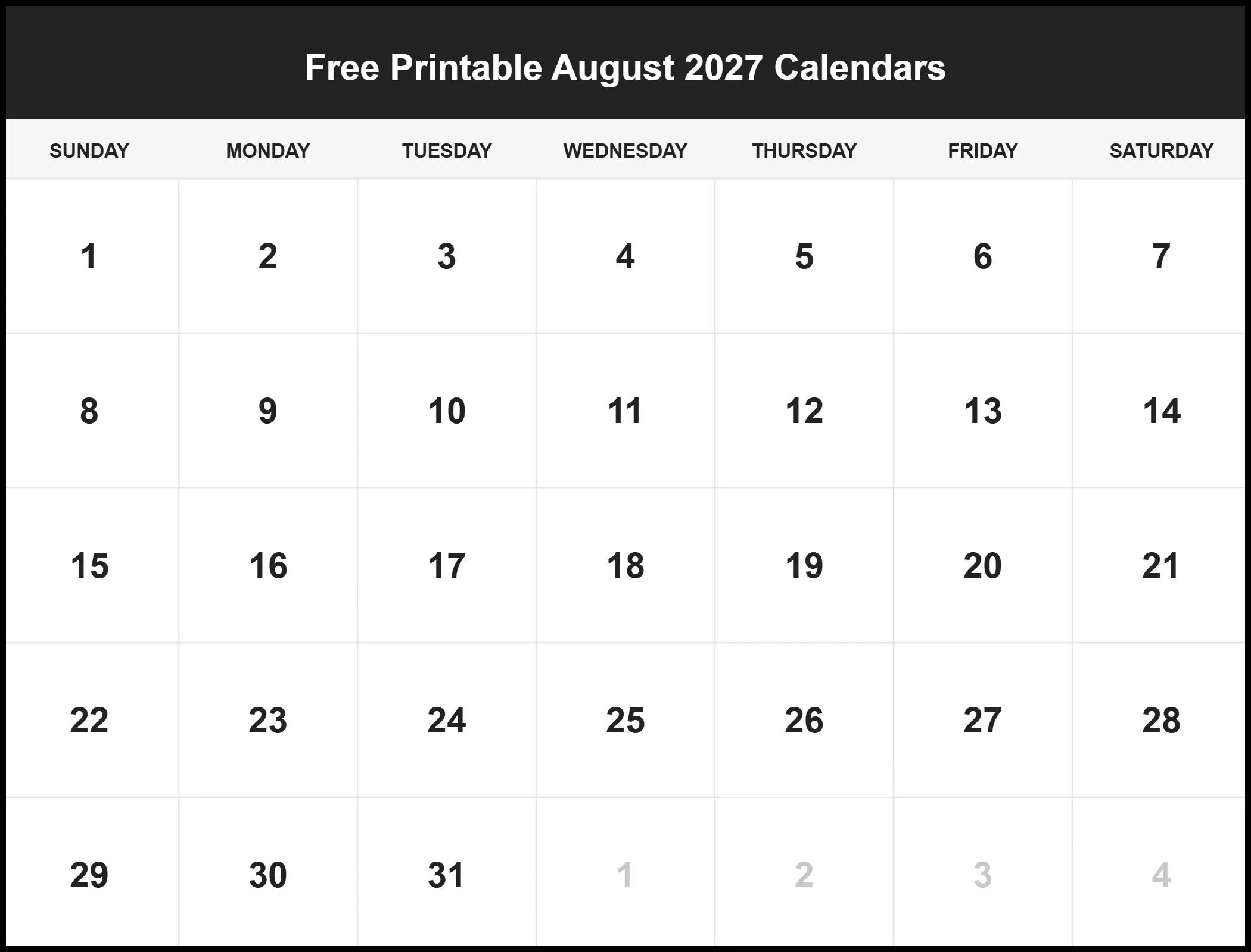Free Printable August 2027 Calendars Pdf