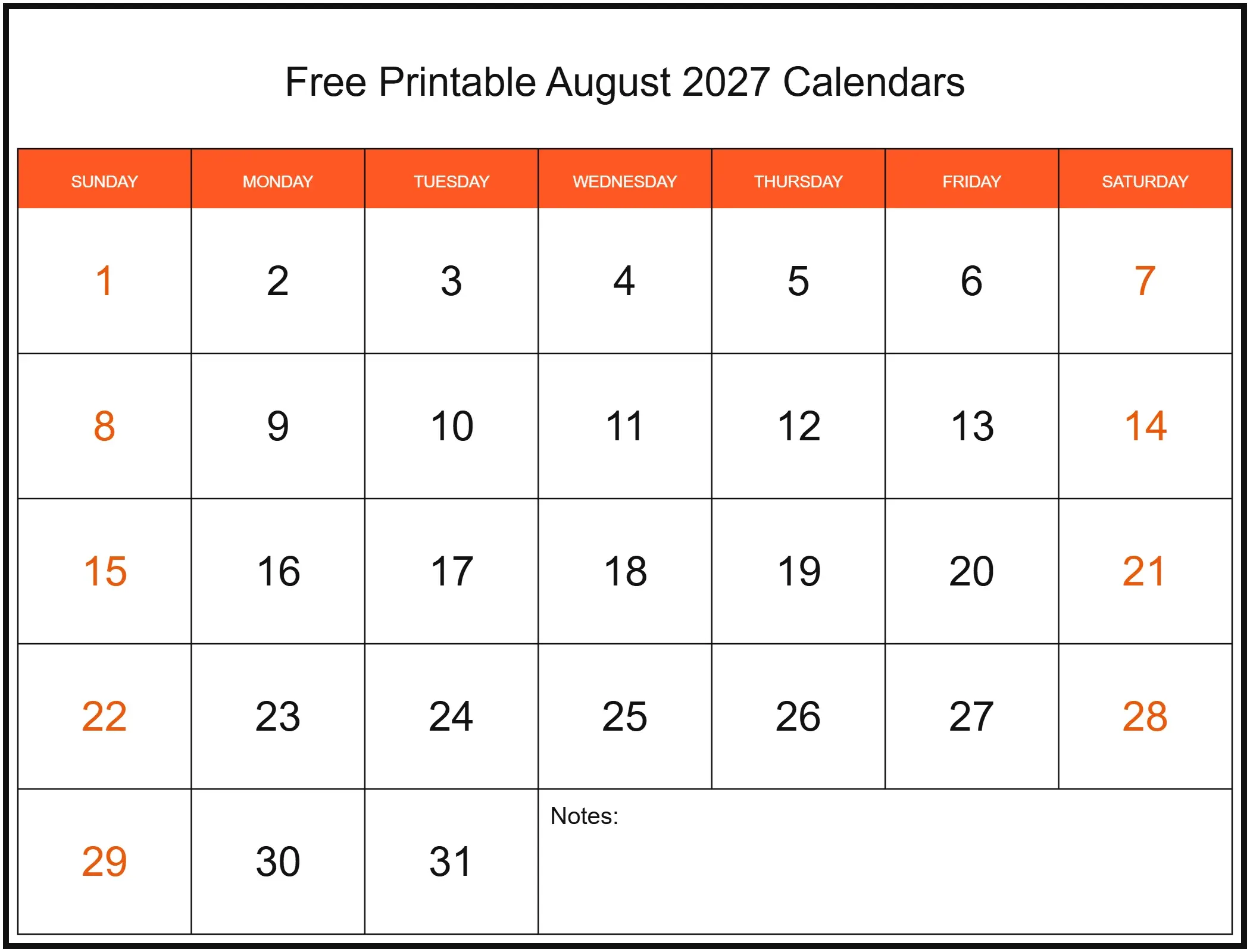 Free Printable August 2027 Calendars with Notes Bottom Landscape Free Printable August 2027 Calendars with Notes Bottom Landscape