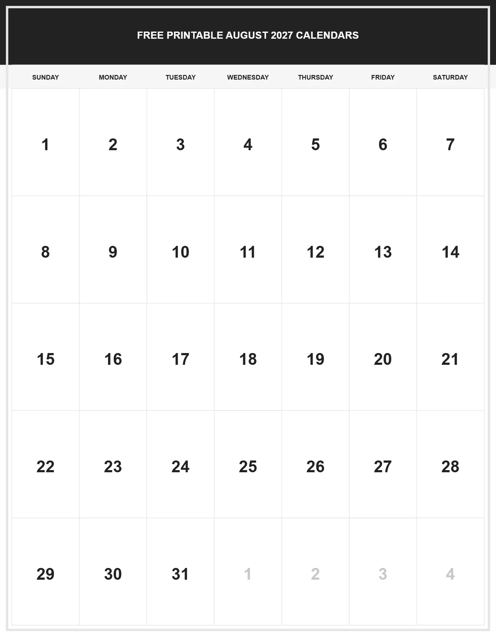 Free Printable August 2027 Calendars With Portrait Template