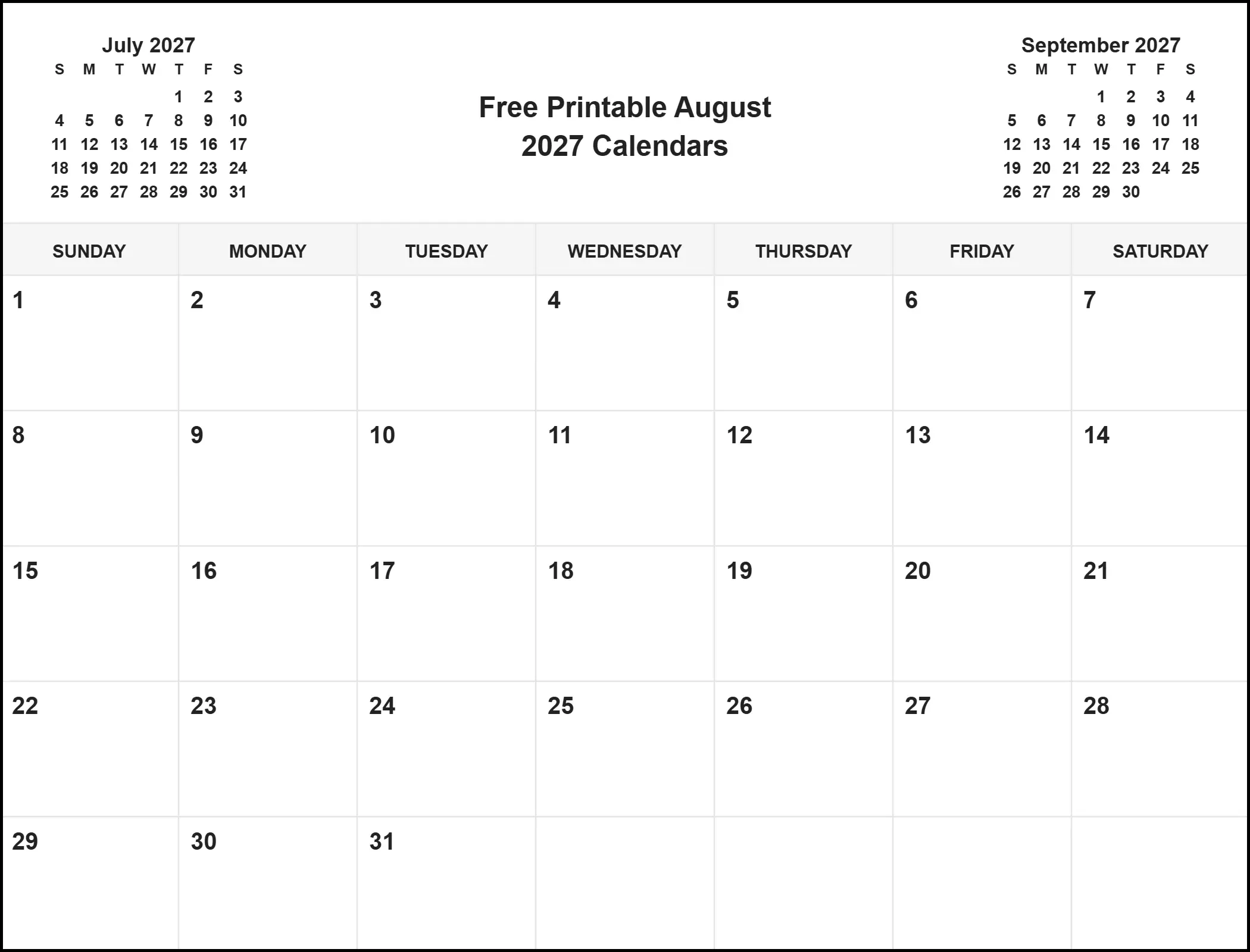 Free Printable August 2027 Calendars With Three Month View