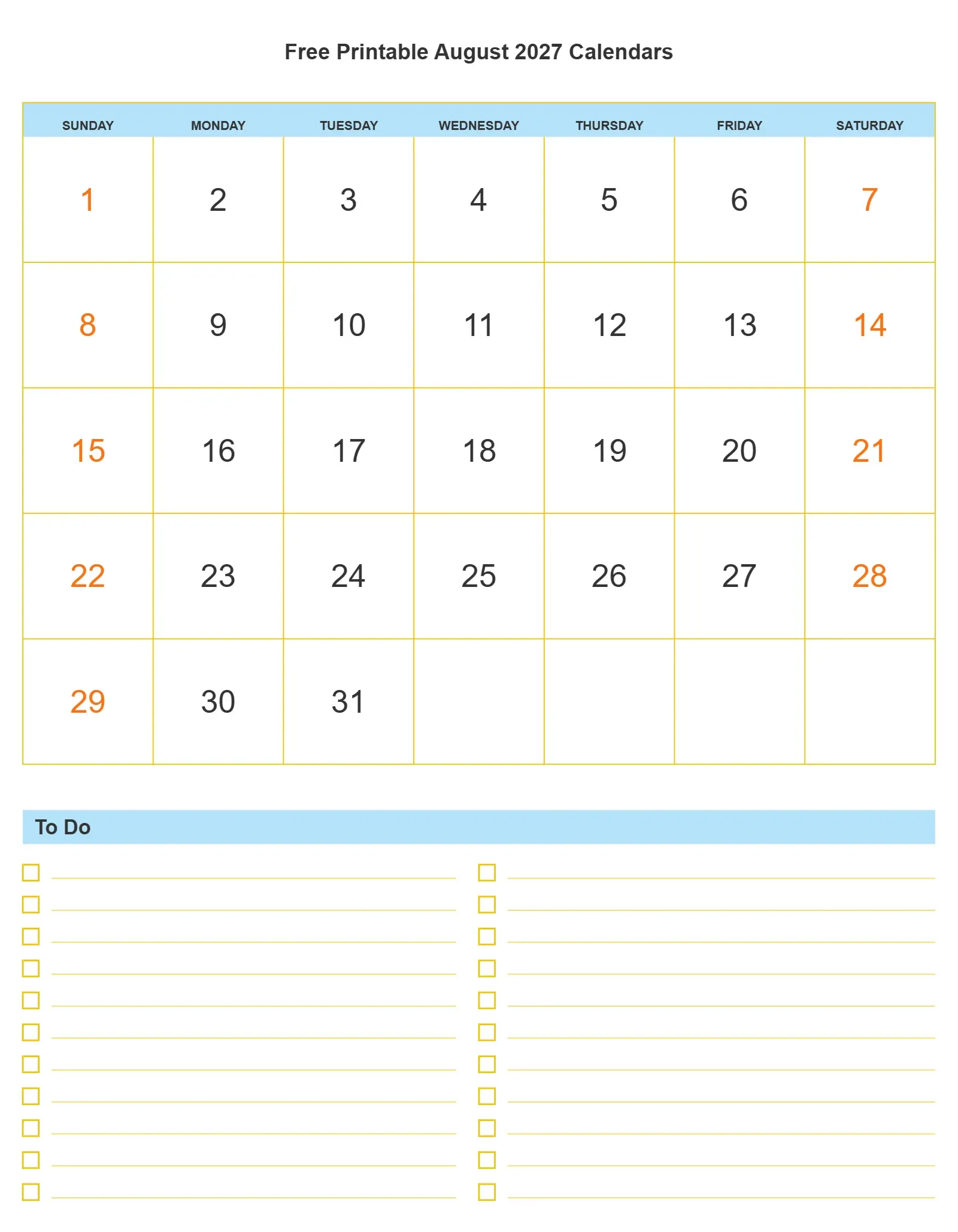 Free Printable August 2027 Calendars With To Do List Bottom Portrait
