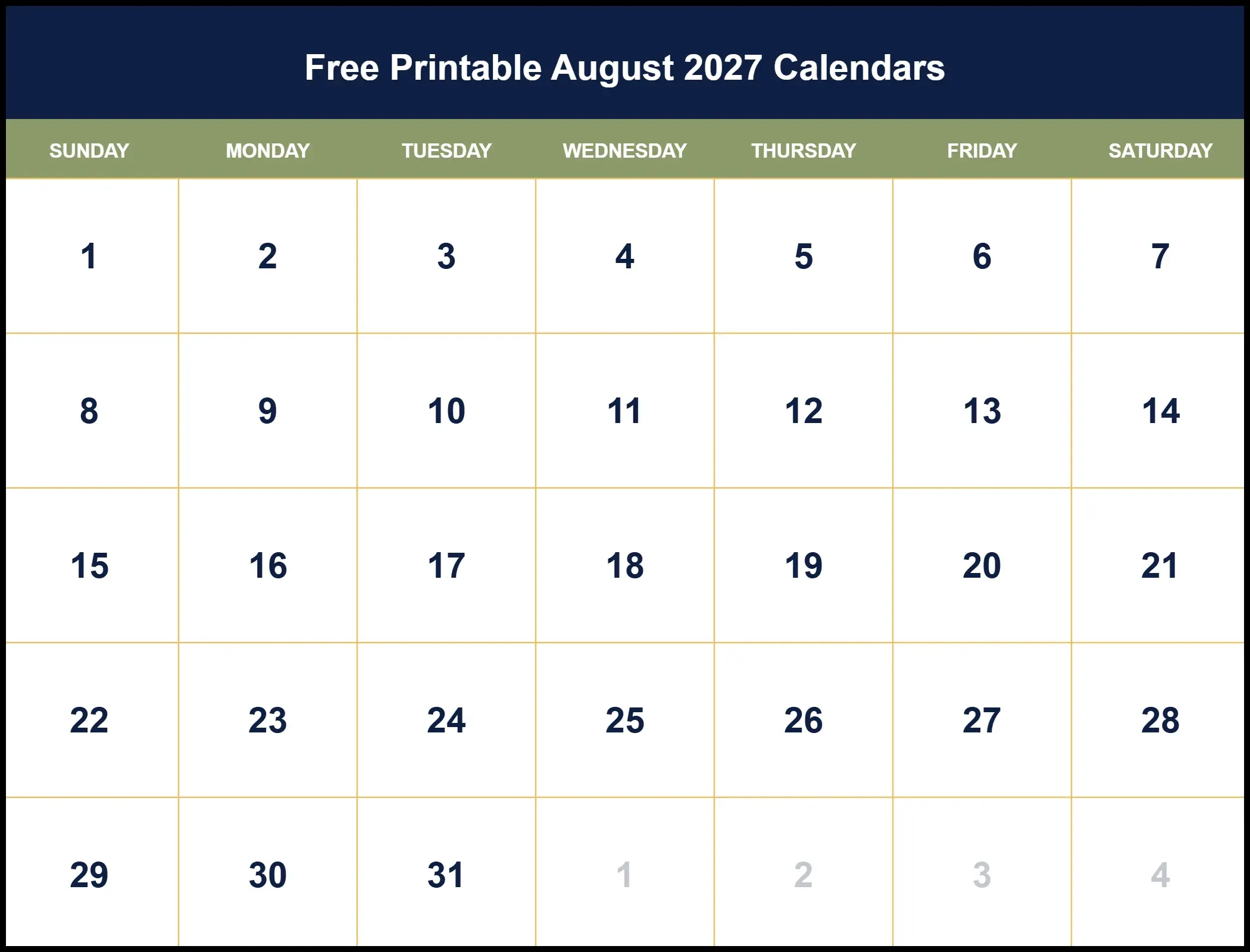 Free Printable August 2027 Calendars Free Printable August 2027 Calendars