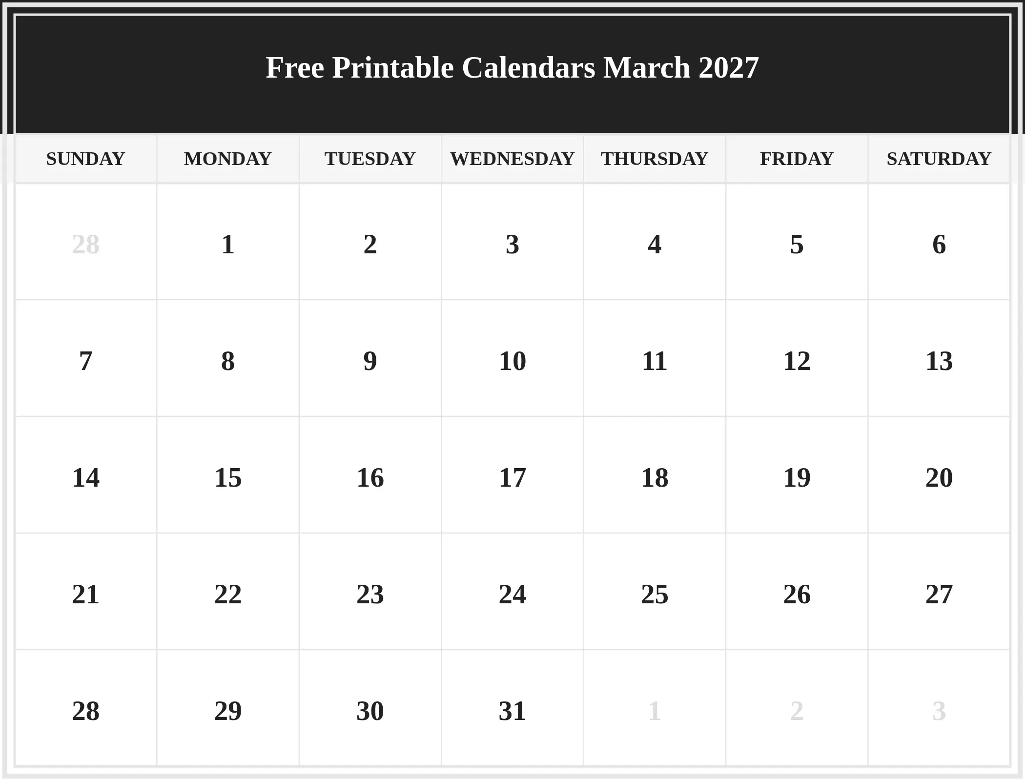 Free Printable Calendars March 2027 Download Landscape