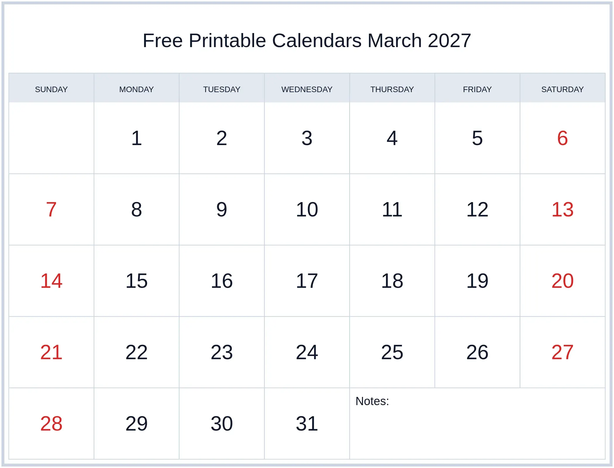 Free Printable Calendars March 2027 with Notes Bottom Landscape Free Printable Calendars March 2027 with Notes Bottom Landscape