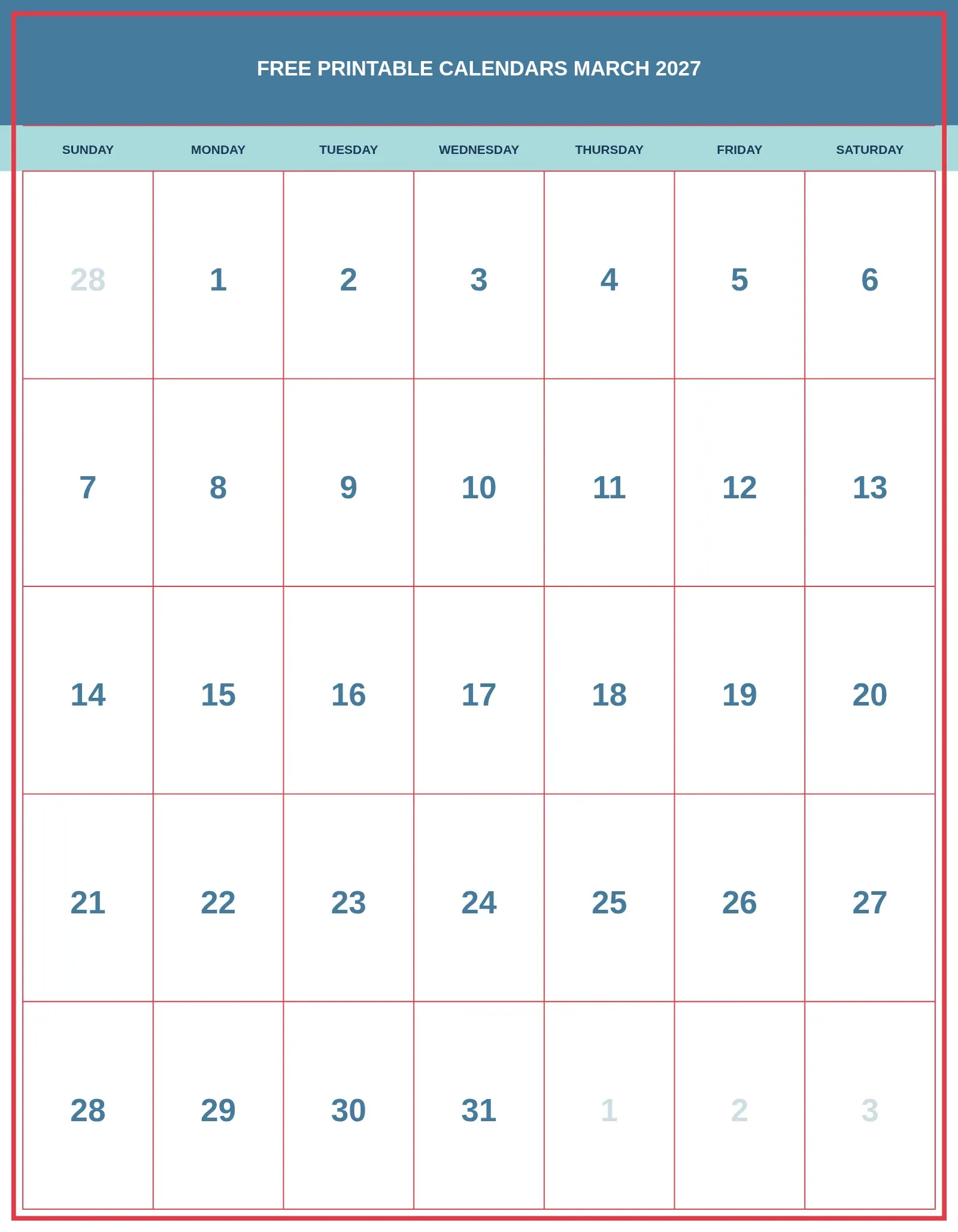 Free Printable Calendars March 2027 With Portrait Template
