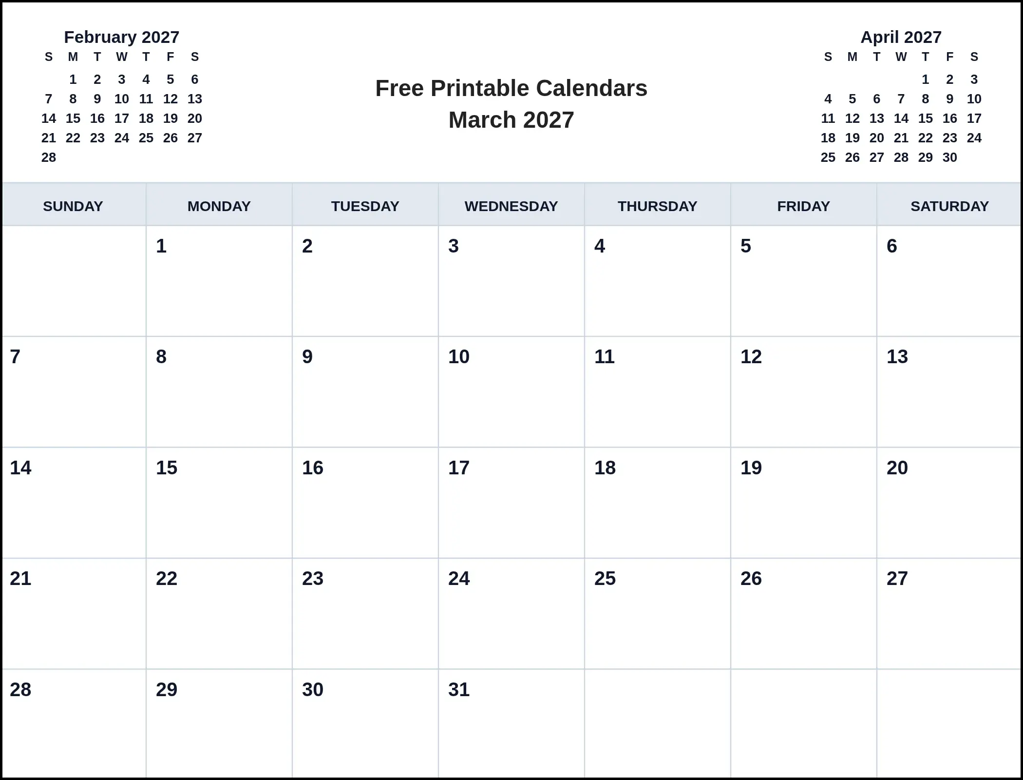 Free Printable Calendars March 2027 With Three Month View