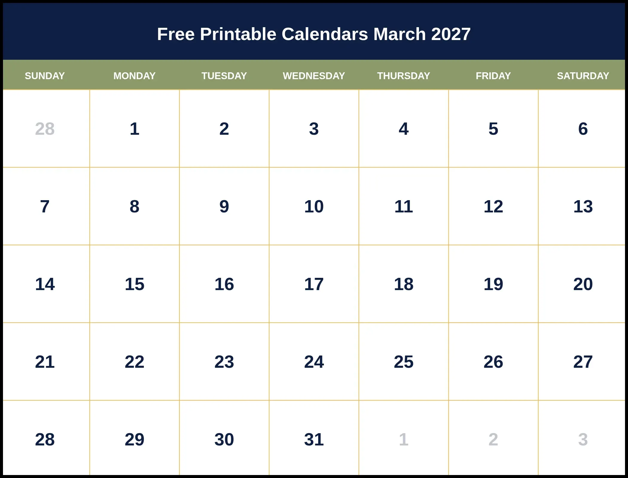 Free Printable Calendars March 2027