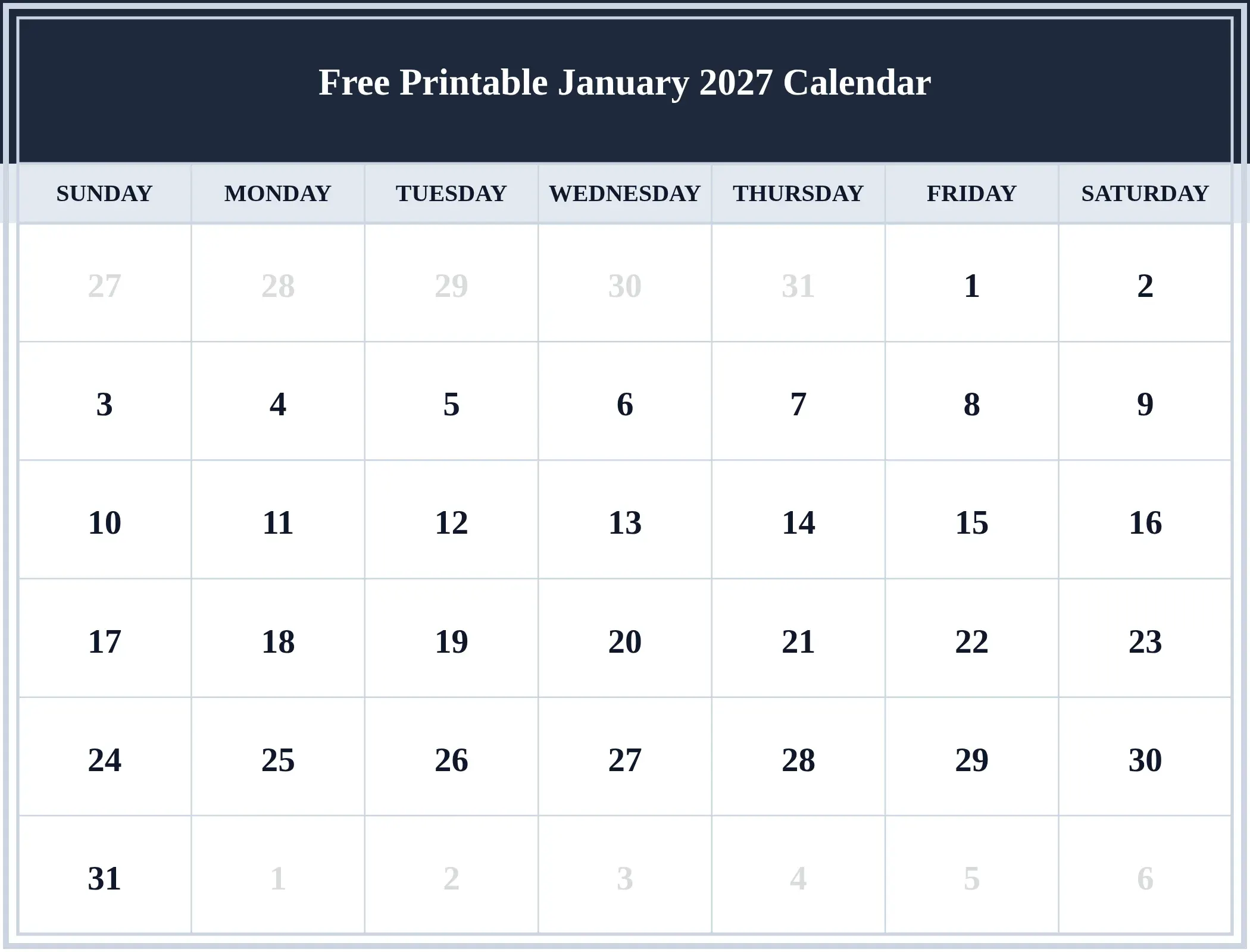 Free Printable January 2027 Calendar Download Landscape Free Printable January 2027 Calendar Download Landscape