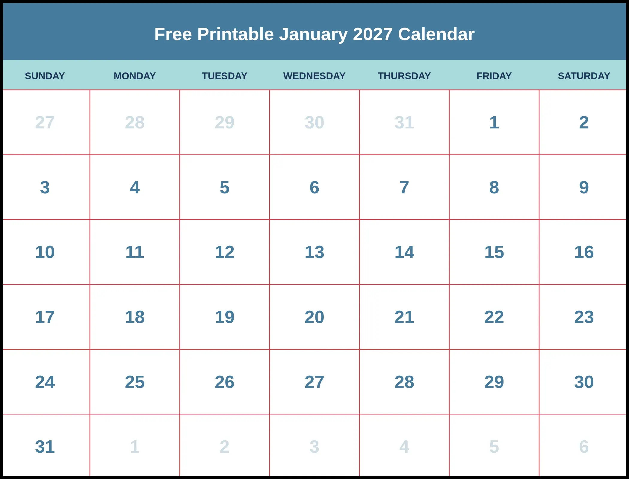 Free Printable January 2027 Calendar Pdf