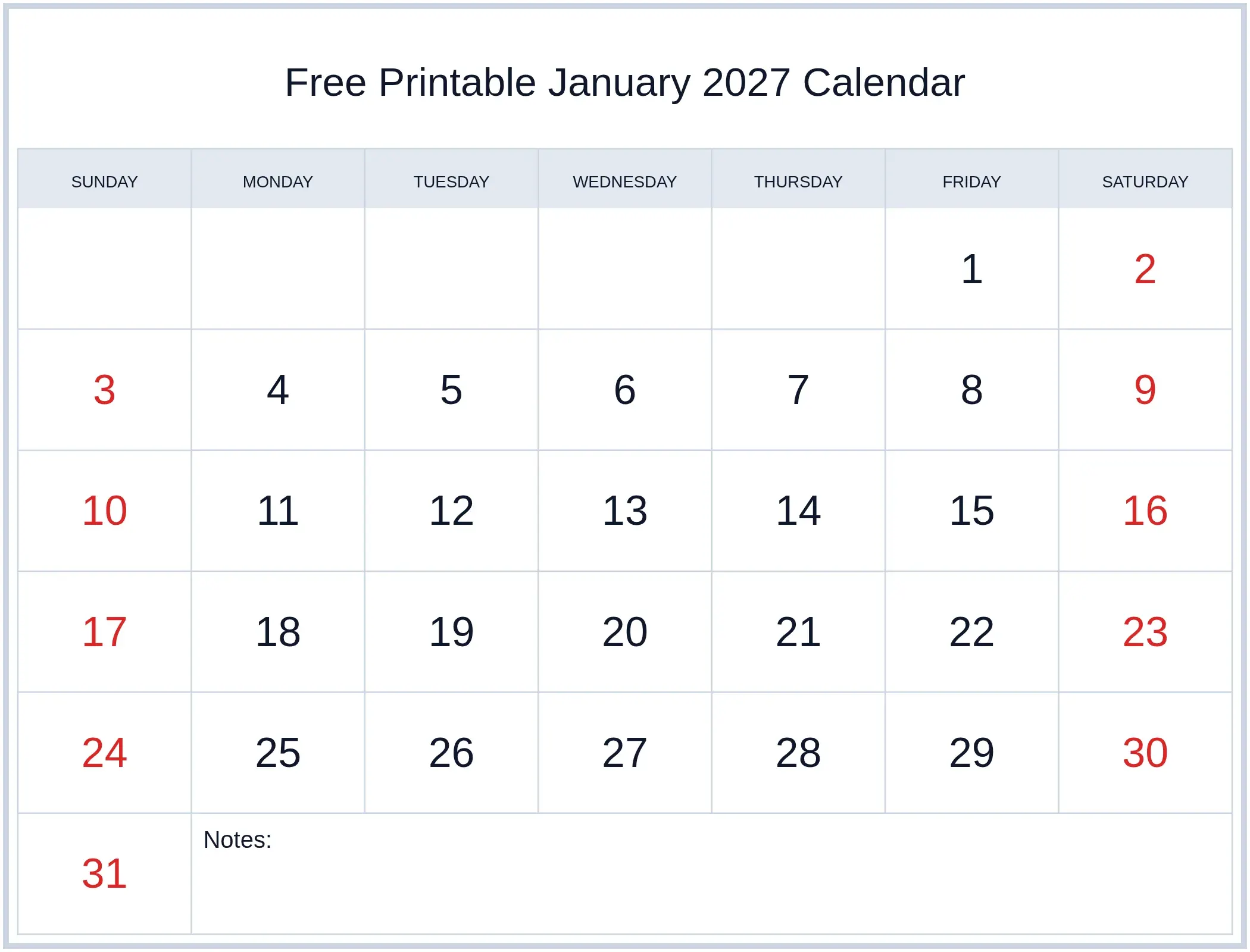 Free Printable January 2027 Calendar with Notes Bottom Landscape Free Printable January 2027 Calendar with Notes Bottom Landscape