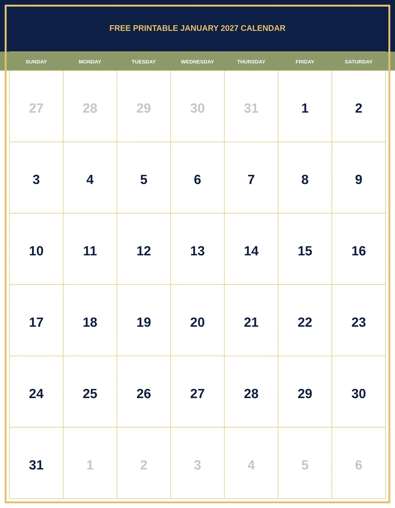 Free Printable January 2027 Calendar With Portrait Template Free Printable January 2027 Calendar With Portrait Template