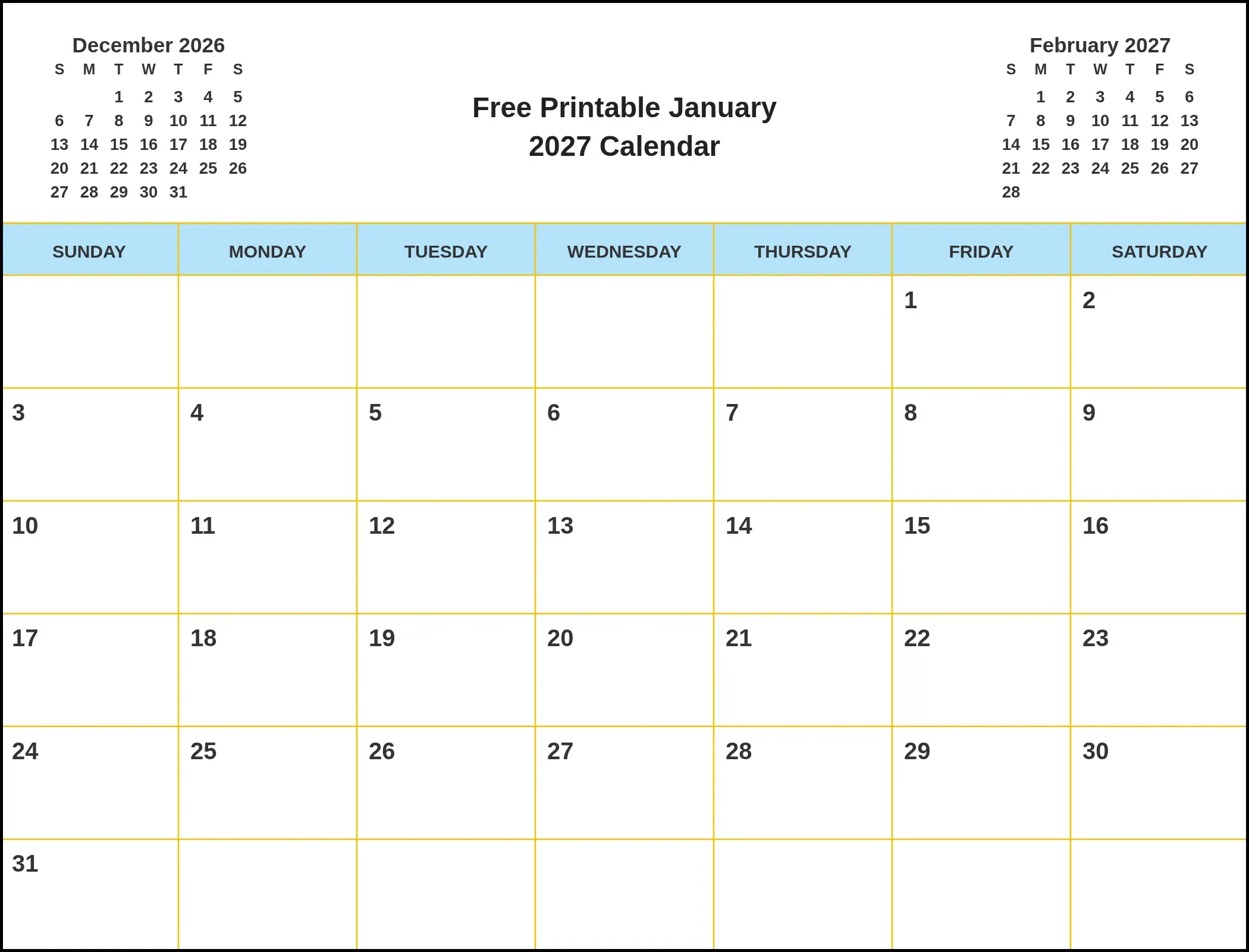 Free Printable January 2027 Calendar With Three Month View Free Printable January 2027 Calendar With Three Month View