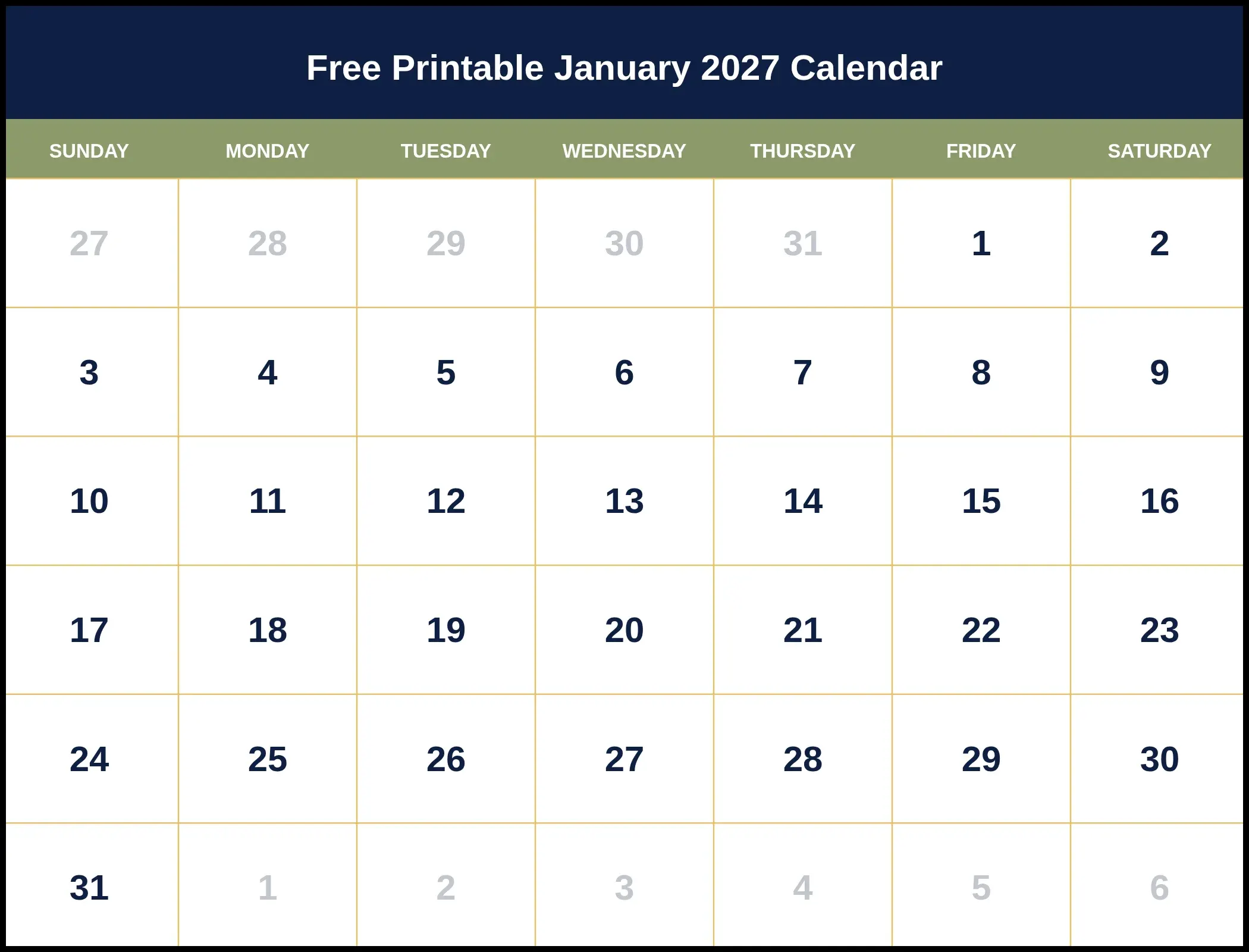 Free Printable January 2027 Calendar Free Printable January 2027 Calendar