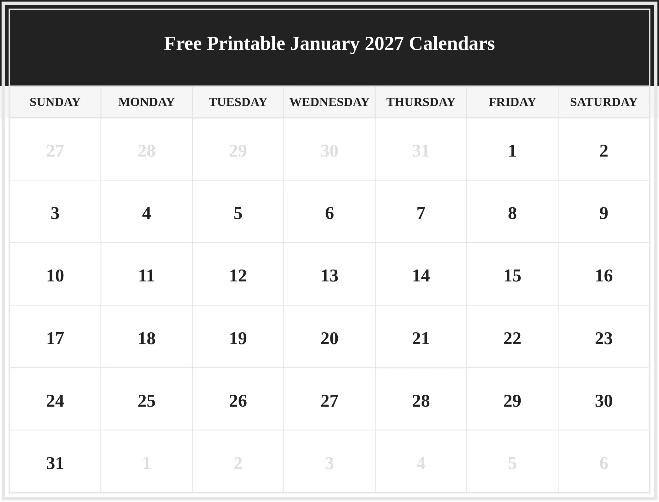 Free Printable January 2027 Calendars Download Landscape Free Printable January 2027 Calendars Download Landscape
