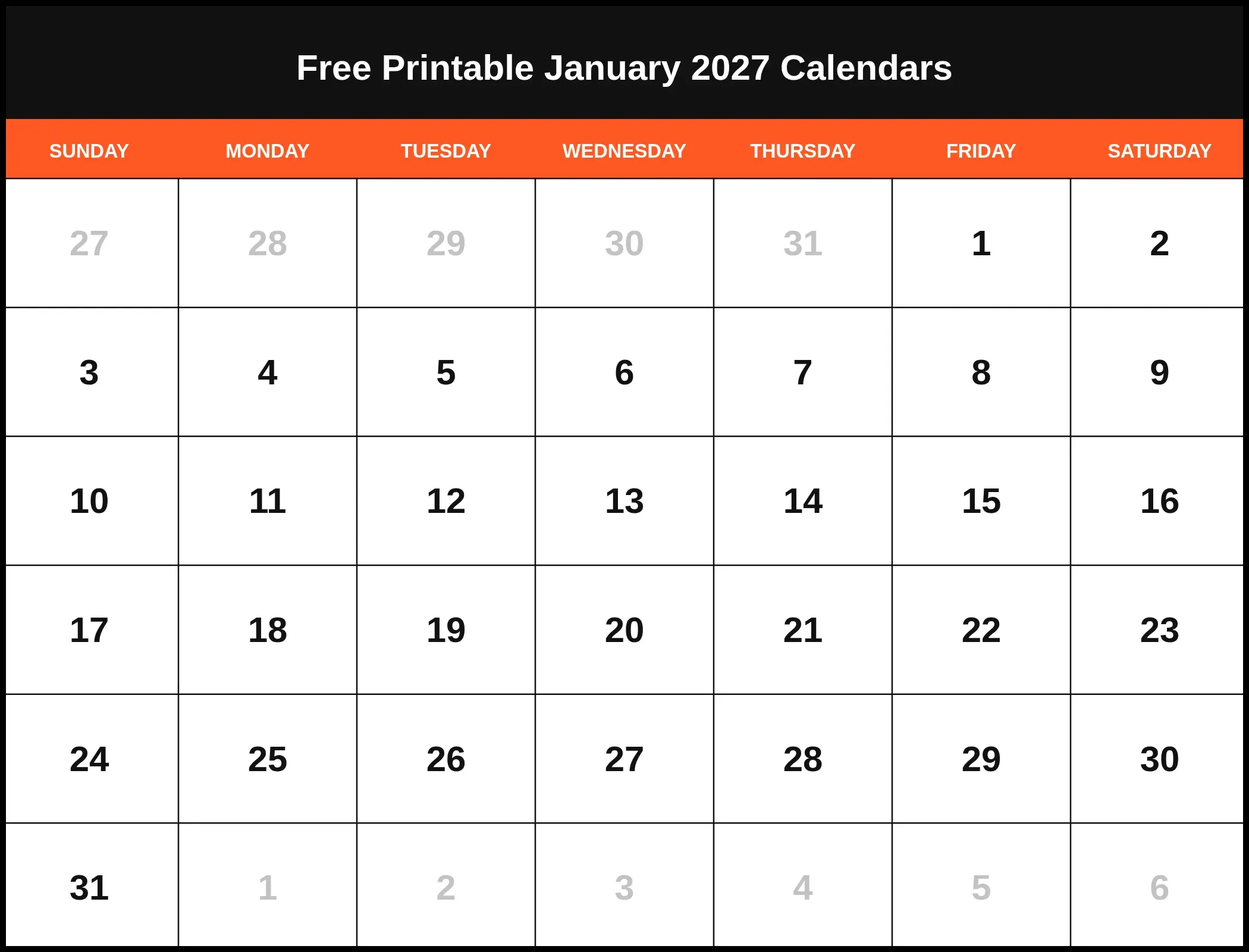 Free Printable January 2027 Calendars Pdf Free Printable January 2027 Calendars Pdf