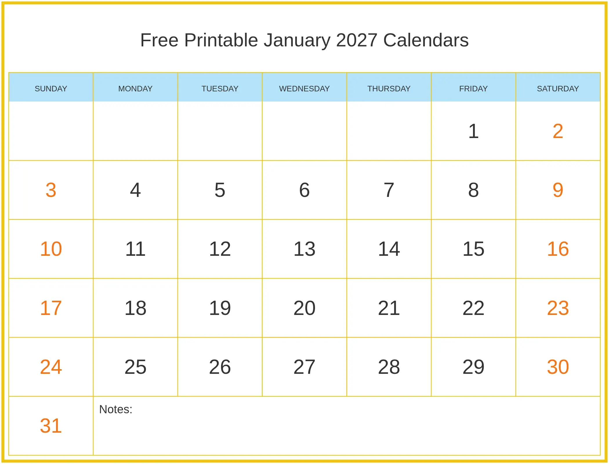 Free Printable January 2027 Calendars with Notes Bottom Landscape