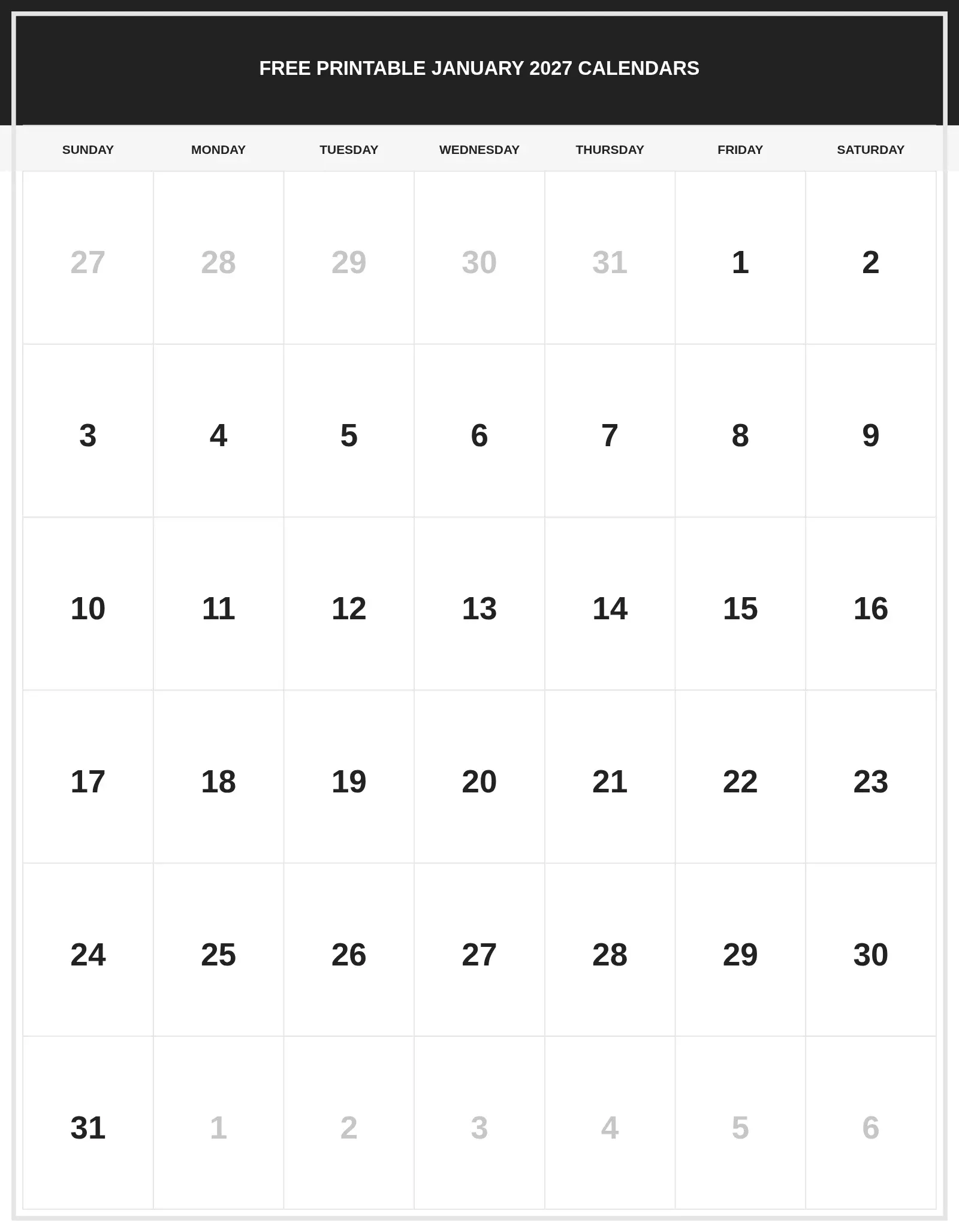 Free Printable January 2027 Calendars With Portrait Template Free Printable January 2027 Calendars With Portrait Template