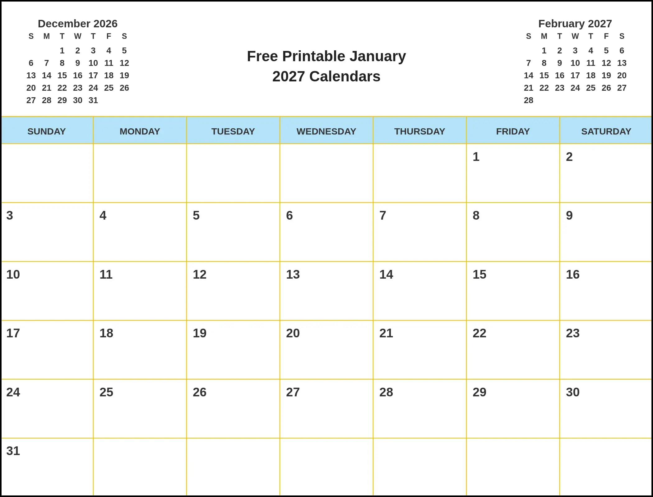Free Printable January 2027 Calendars With Three Month View Free Printable January 2027 Calendars With Three Month View