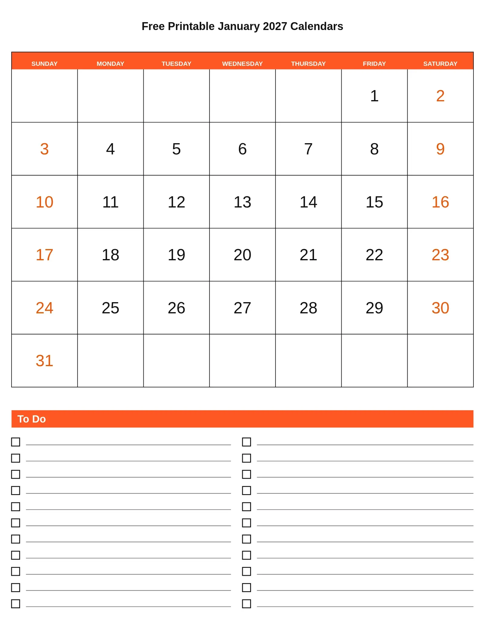 Free Printable January 2027 Calendars With To Do List Bottom Portrait Free Printable January 2027 Calendars With To Do List Bottom Portrait