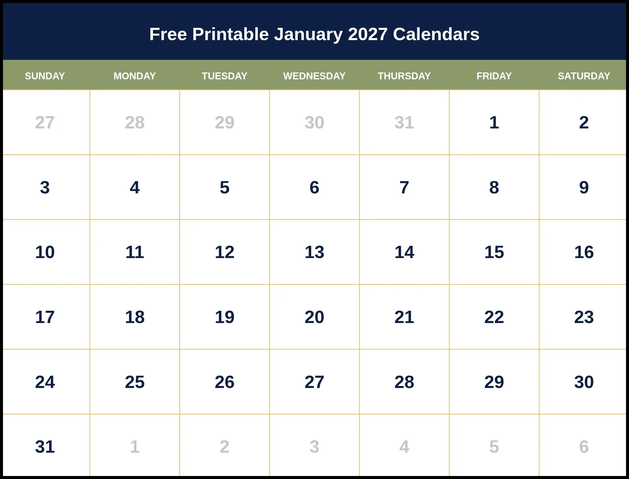 Free Printable January 2027 Calendars Free Printable January 2027 Calendars