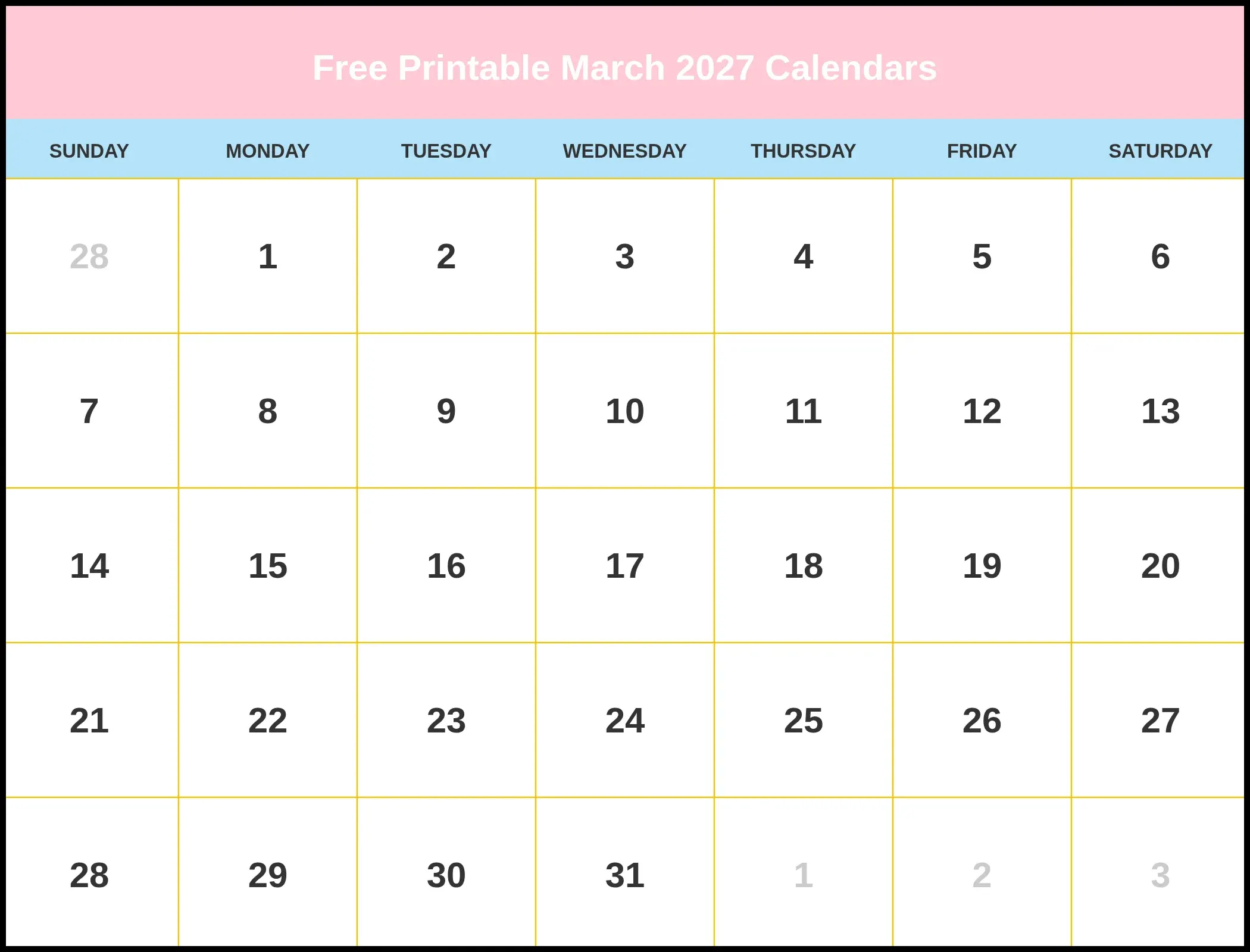 Free Printable March 2027 Calendars