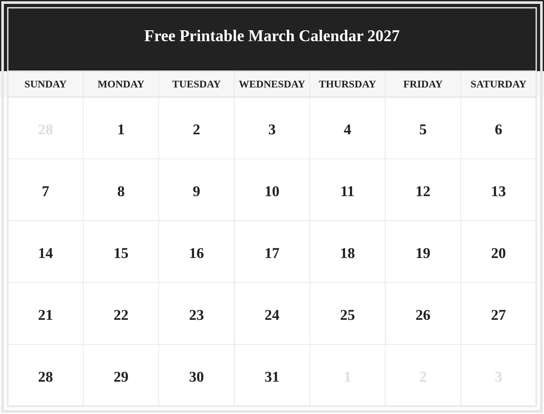 Free Printable March Calendar 2027 Download Landscape Free Printable March Calendar 2027 Download Landscape