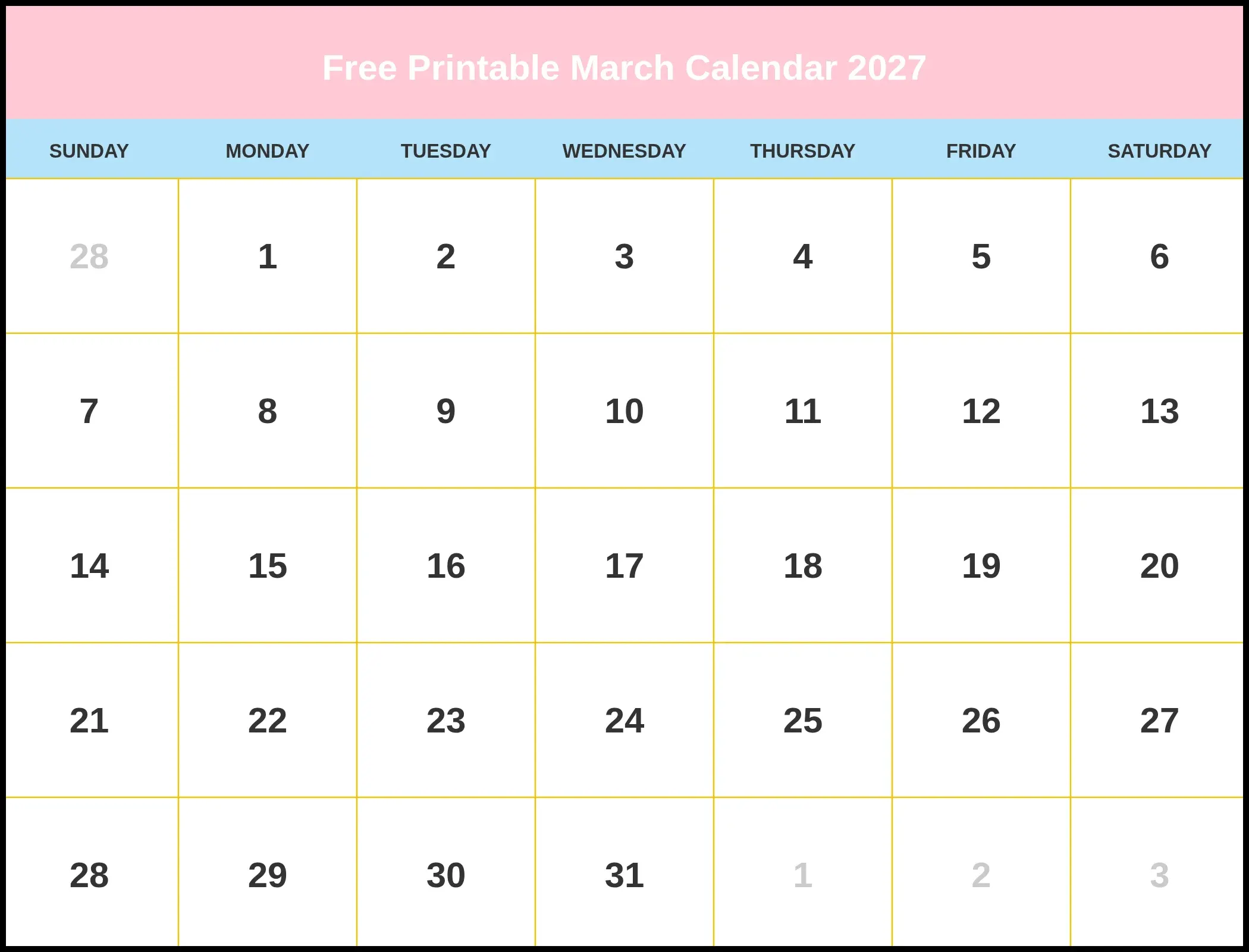 Free Printable March Calendar 2027 Pdf Free Printable March Calendar 2027 Pdf