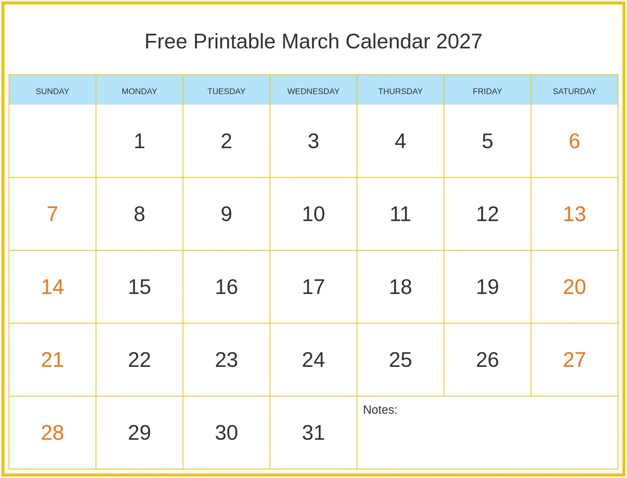 Free Printable March Calendar 2027 with Notes Bottom Landscape