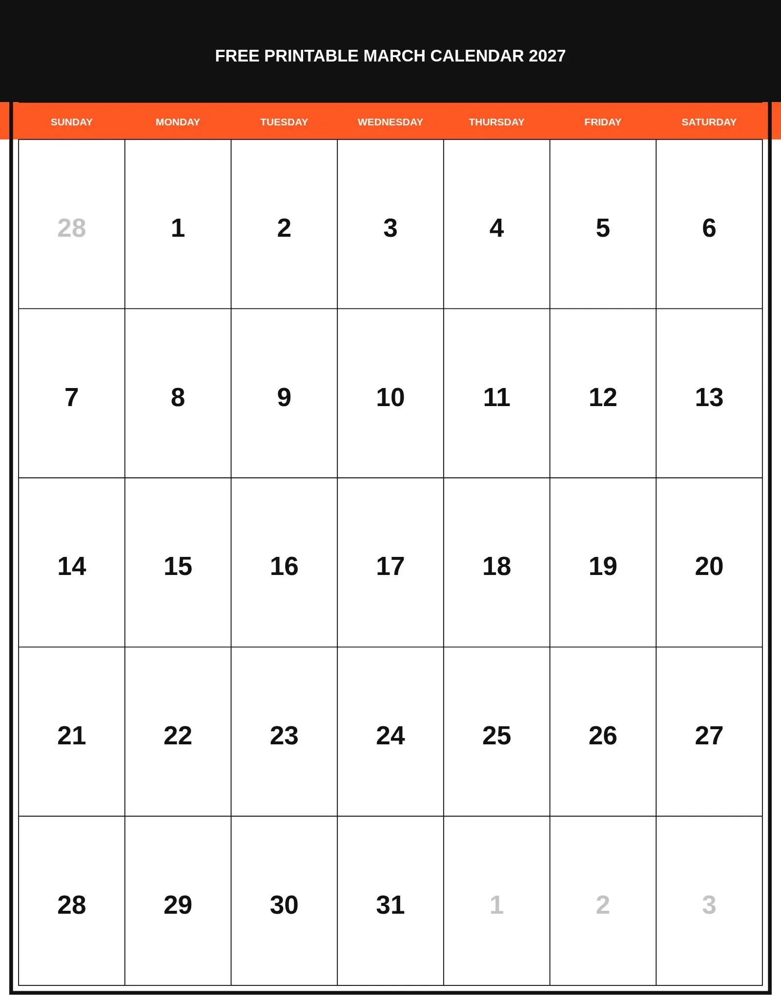 Free Printable March Calendar 2027 With Portrait Template