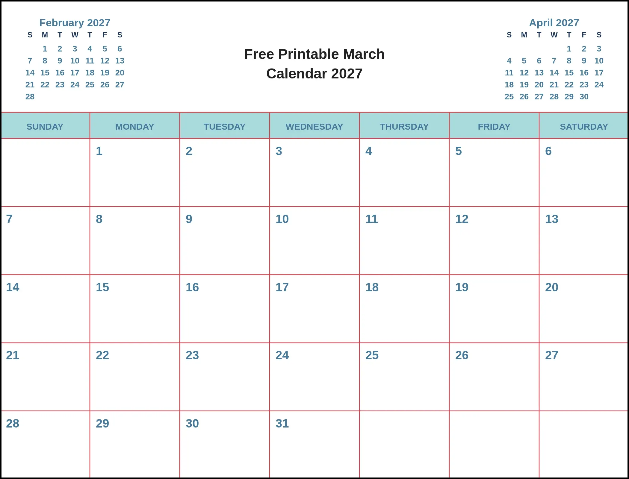 Free Printable March Calendar 2027 With Three Month View