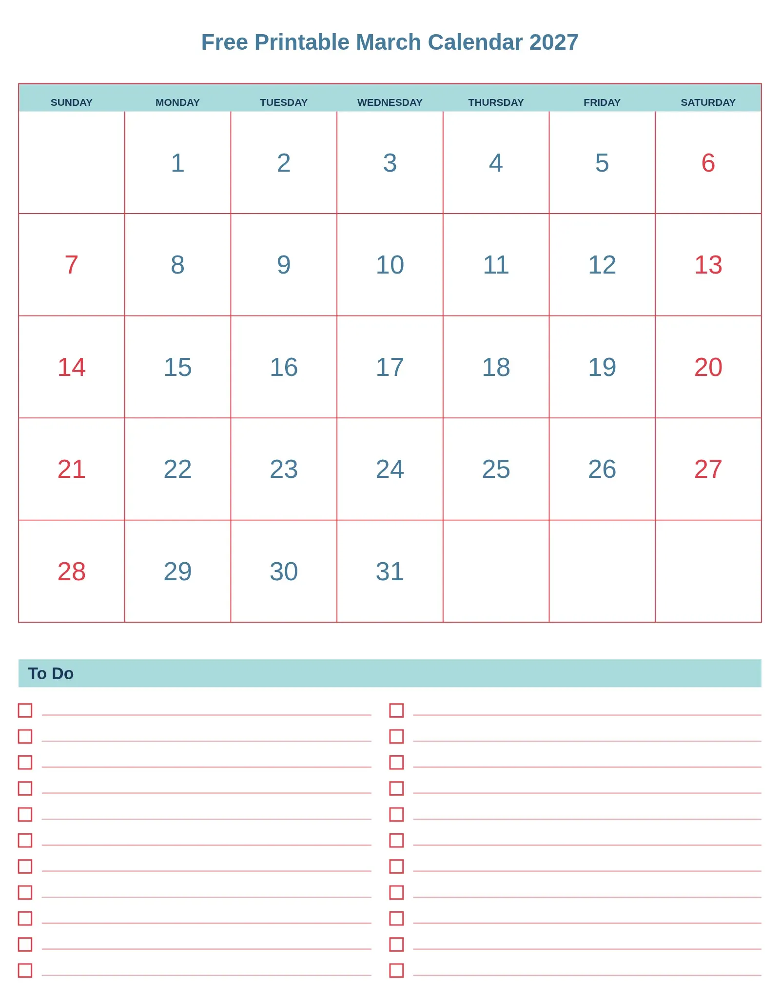 Free Printable March Calendar 2027 With To Do List Bottom Portrait Free Printable March Calendar 2027 With To Do List Bottom Portrait