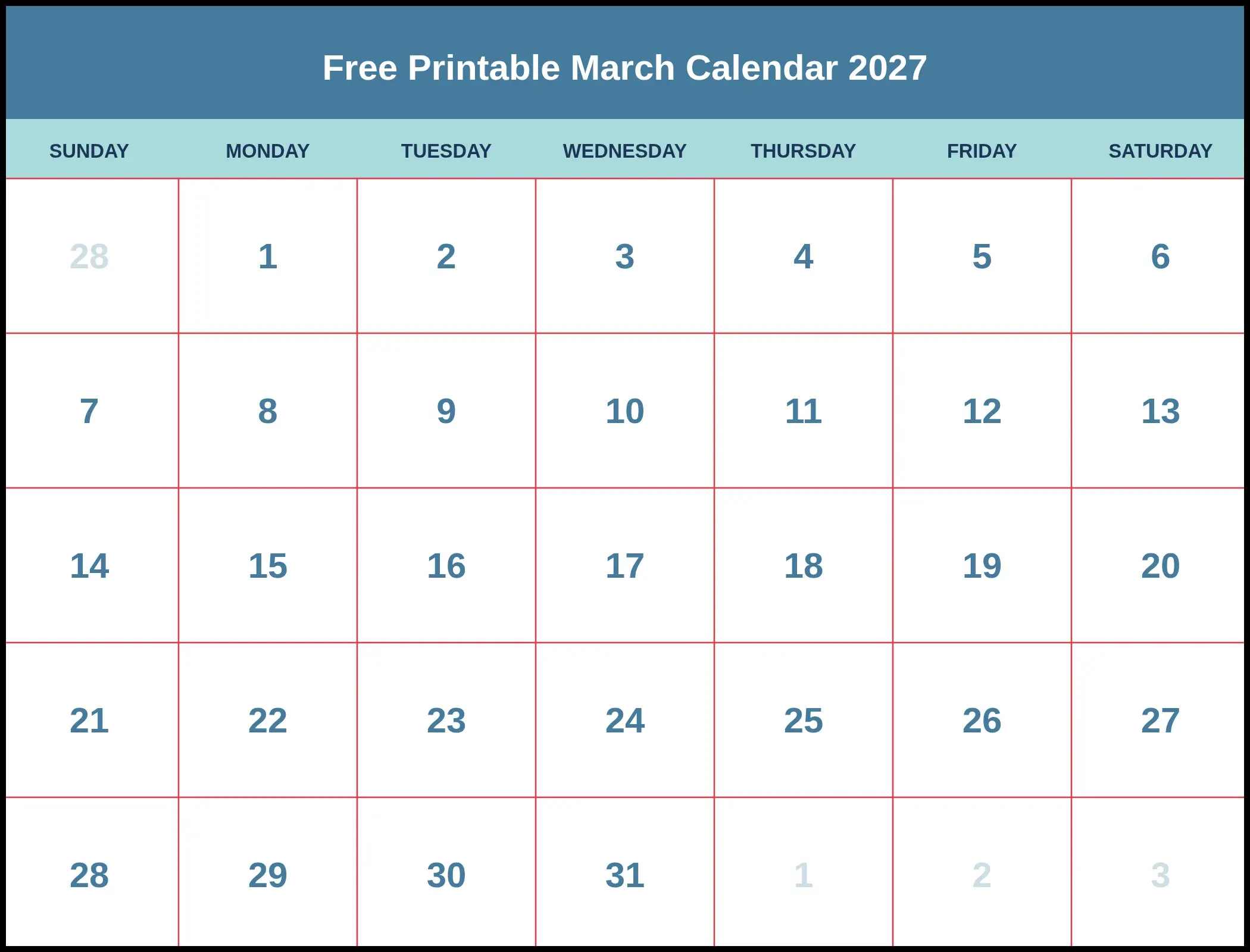 Free Printable March Calendar 2027