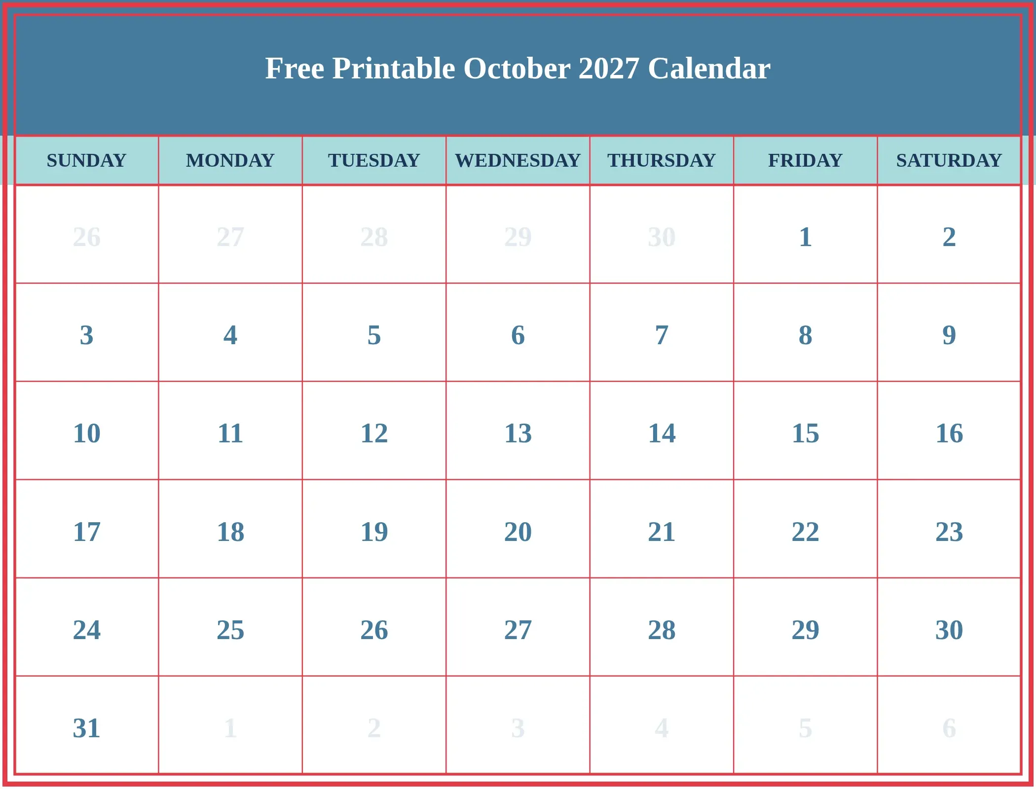 Free Printable October 2027 Calendar Download Landscape