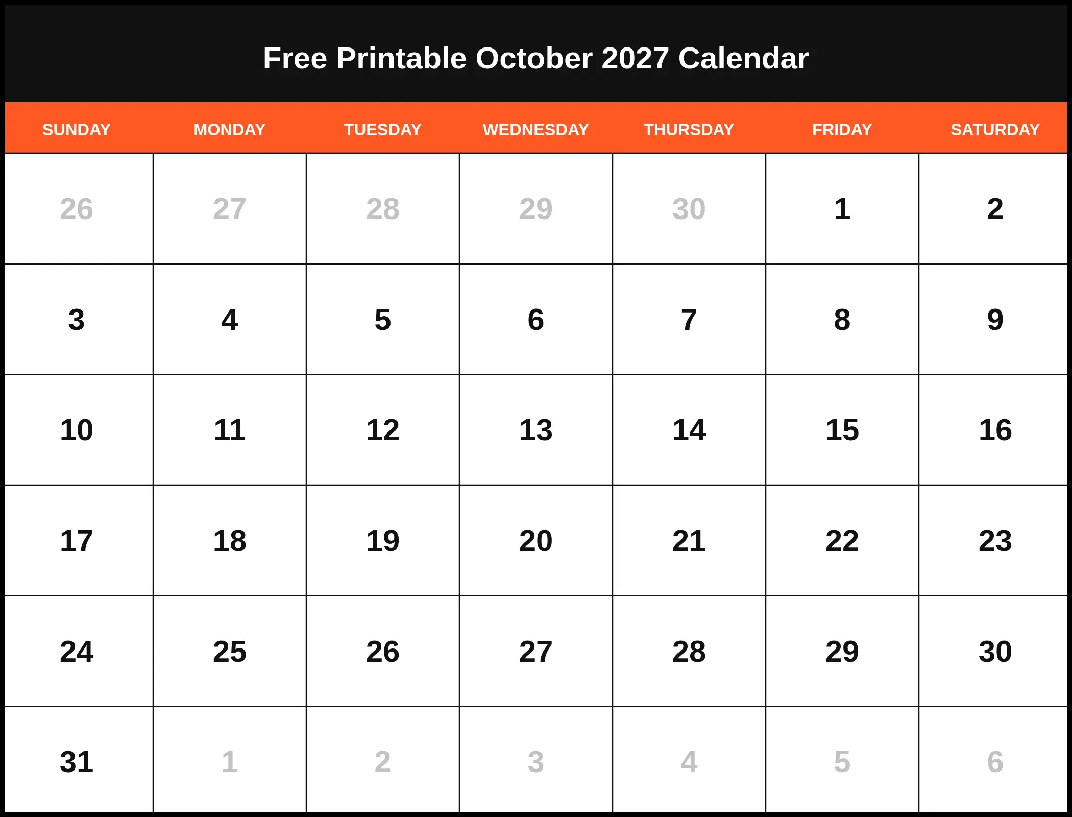 Free Printable October 2027 Calendar Pdf