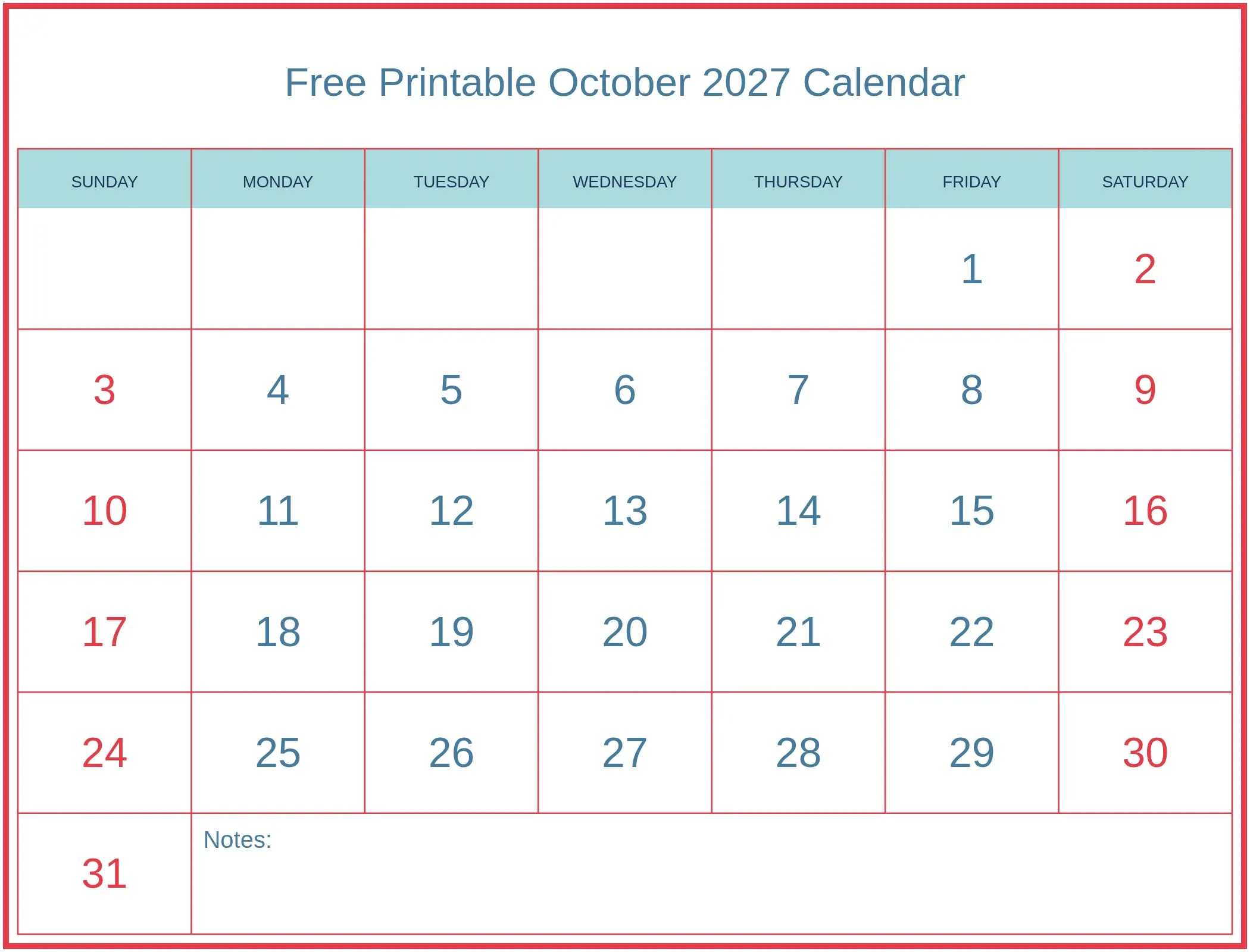Free Printable October 2027 Calendar with Notes Bottom Landscape