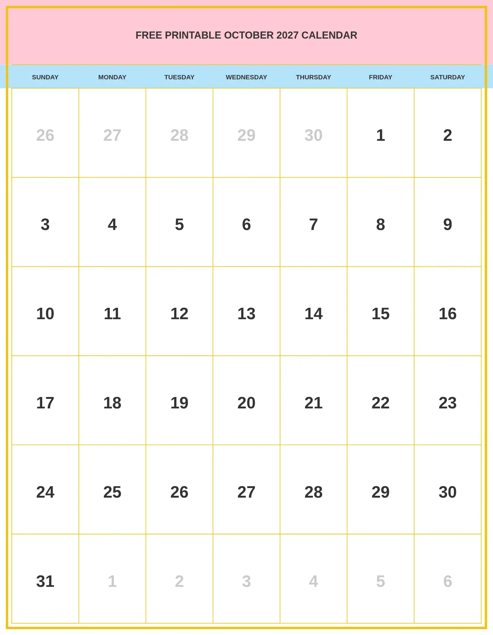 Free Printable October 2027 Calendar With Portrait Template Free Printable October 2027 Calendar With Portrait Template