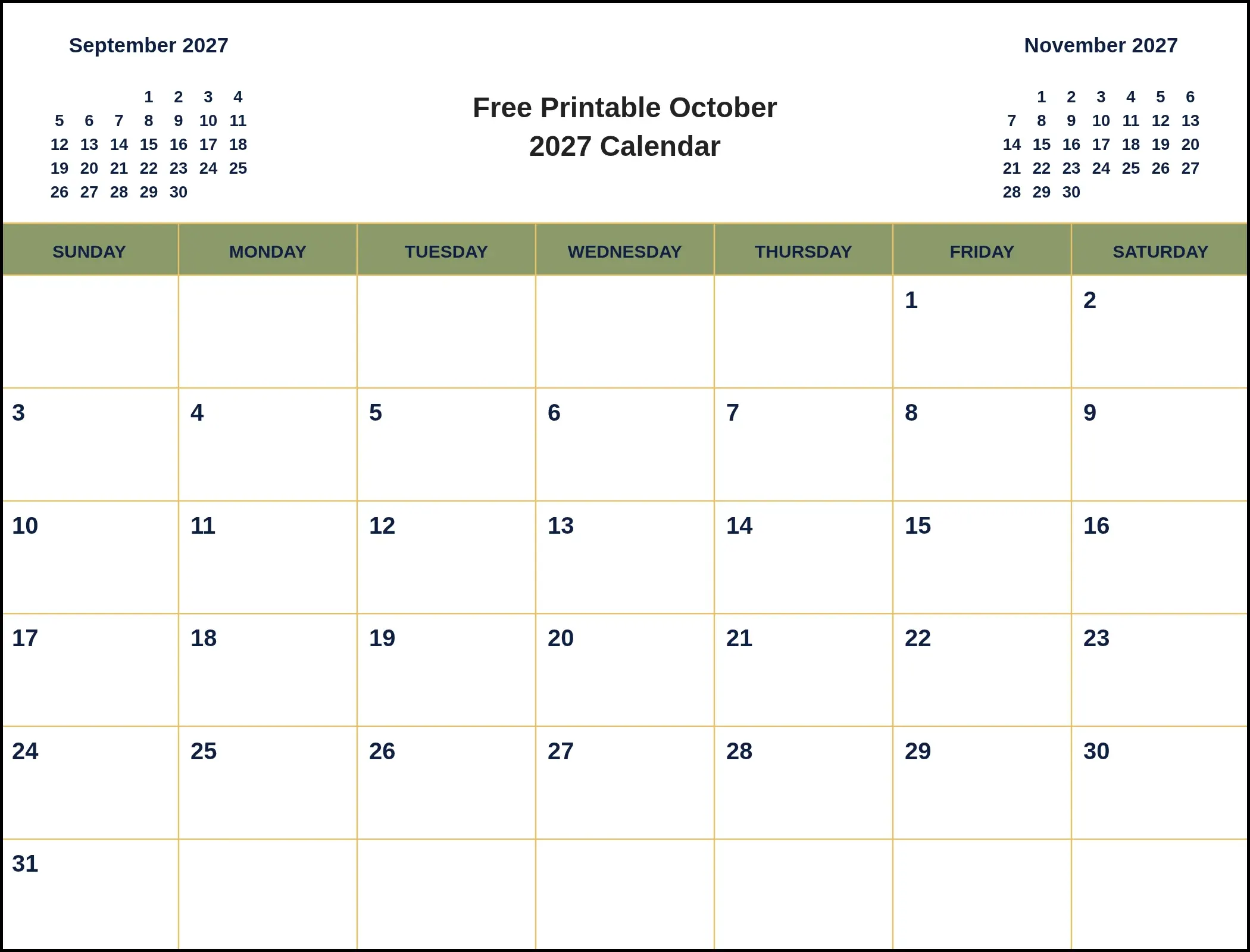 Free Printable October 2027 Calendar With Three Month View