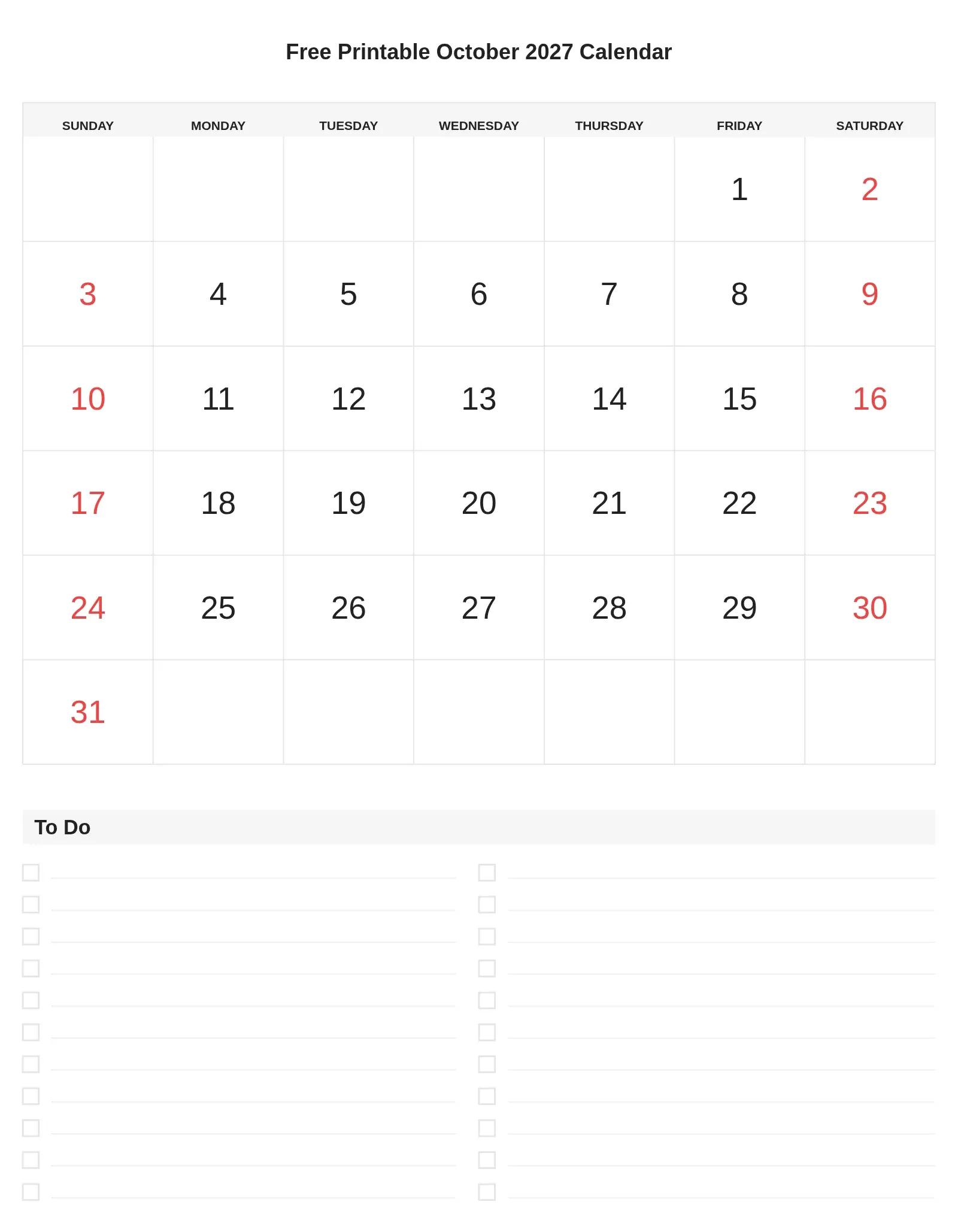 Free Printable October 2027 Calendar With To Do List Bottom Portrait