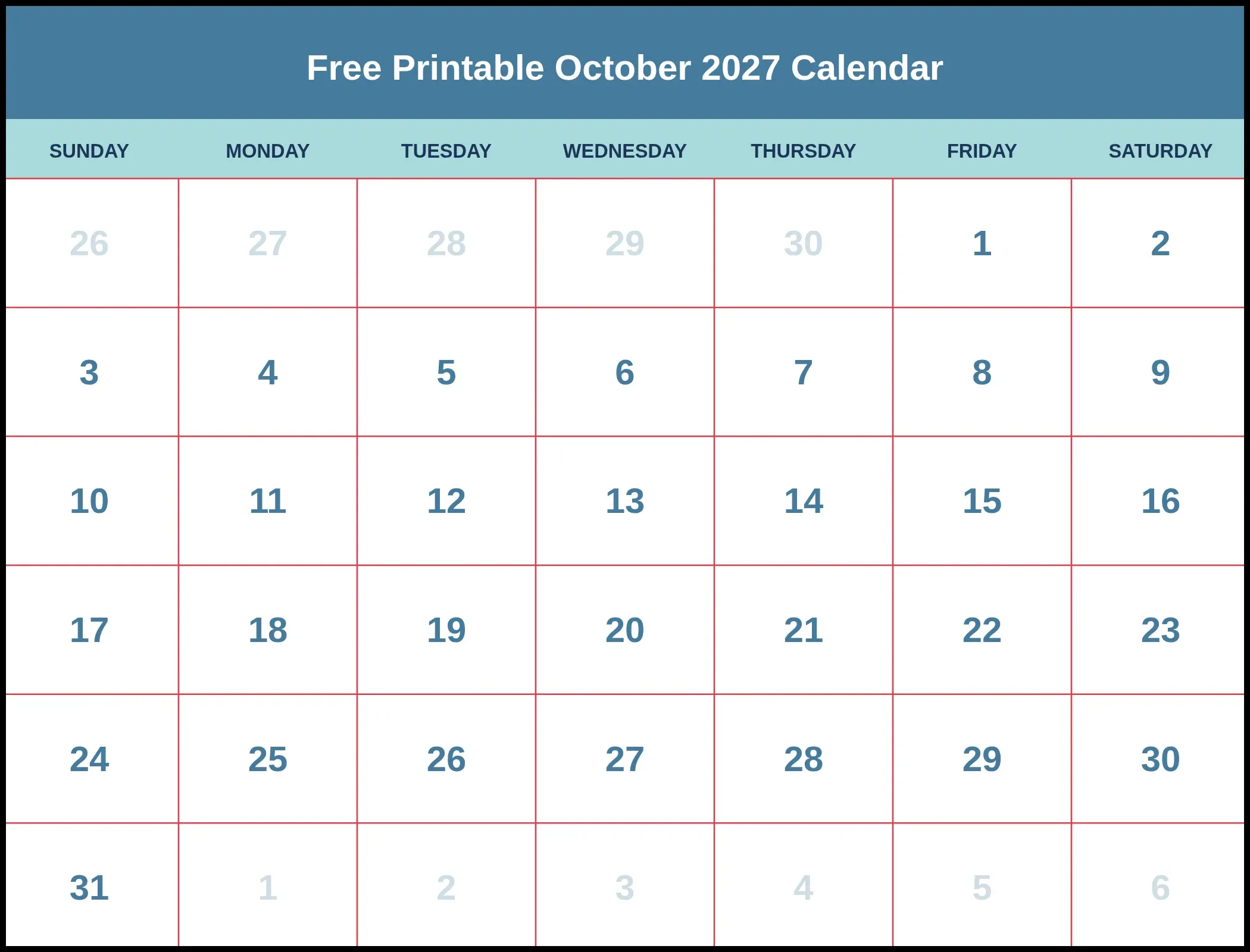 Free Printable October 2027 Calendar Free Printable October 2027 Calendar