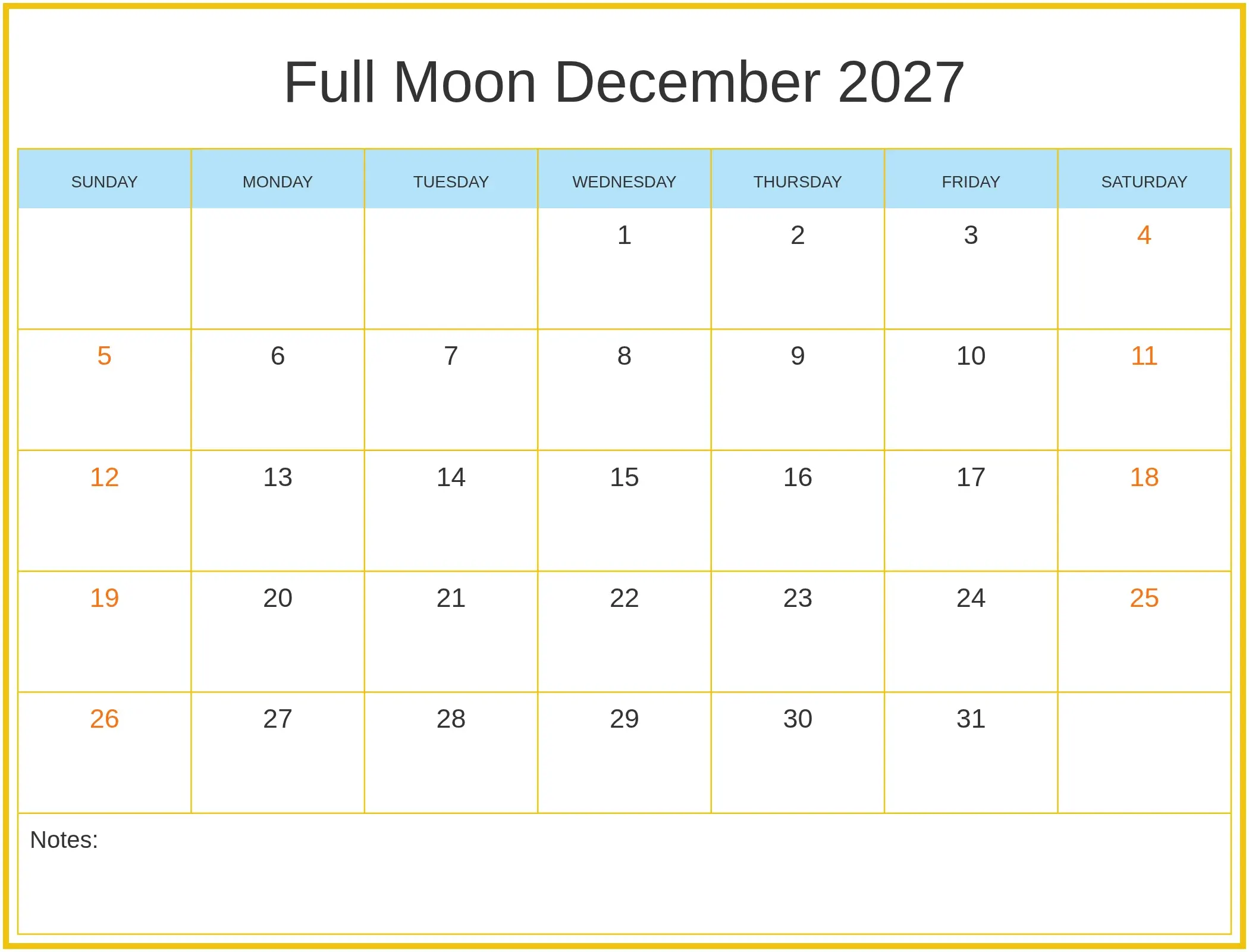 Full Moon December 2027 with Notes Bottom Landscape