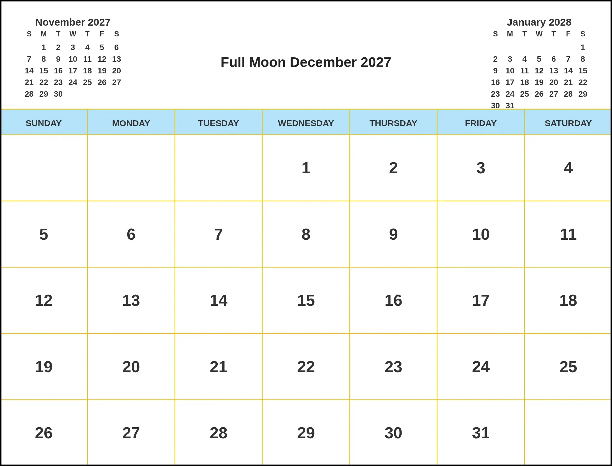 Full Moon December 2027 With Three Month View