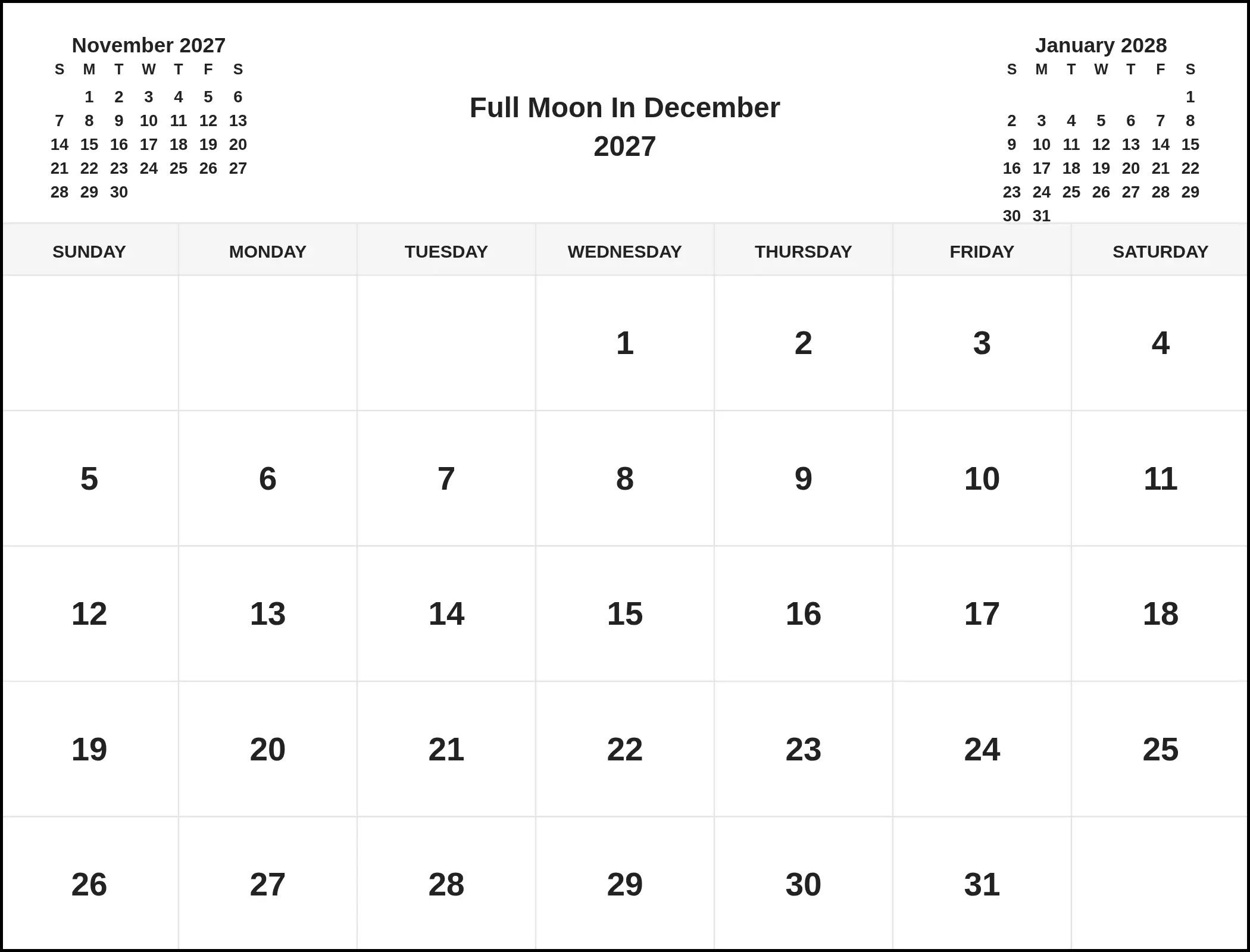 Full Moon In December 2027 With Three Month View