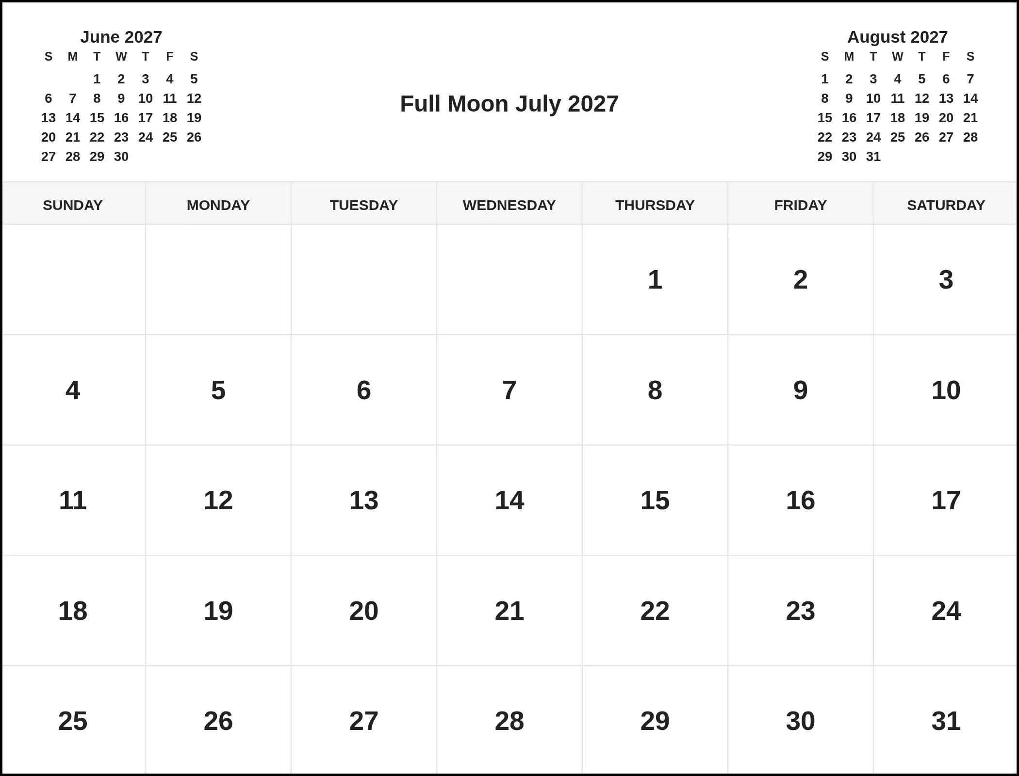 Full Moon July 2027 With Three Month View Full Moon July 2027 With Three Month View
