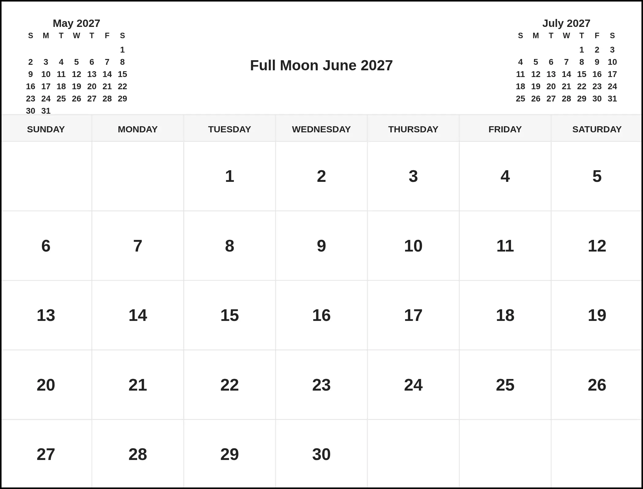 Full Moon June 2027 With Three Month View