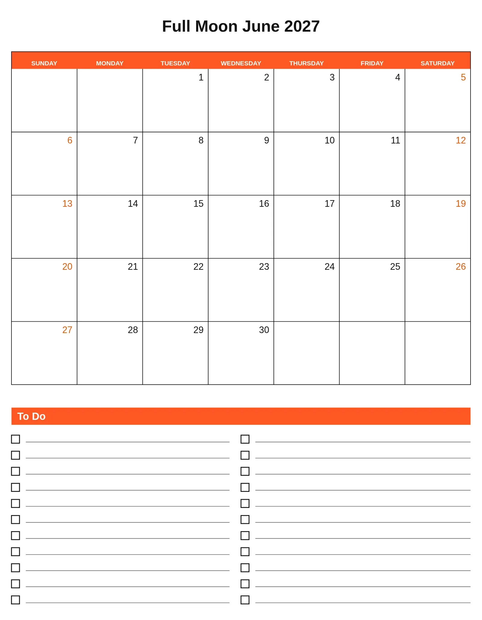 Full Moon June 2027 With To Do List Bottom Portrait